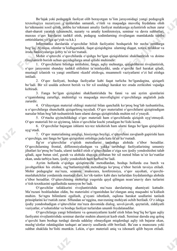 aruriyat quyidagilar bilan o‘lchanadi: 1. ijtimoiy-iqtisodiy yangilanish ta’lim tizimi, metodologiya va o‘quv jarayoni texnologiyasini tubdan yangilashni talab qiladi, yangi yangiliklarni yaratish, o‘zlashtirish va foydalanishlardan iborat bo‘ladi; 2. ta’lim mazmunini insonpavarlashtirish, doimo o‘qitishning yangi tanqidiy shakllarini, texnologiyalarini qidirishni taqozo qiladi; 3. pedagogik yangilikni o‘zlashtirish va uni tadbiq etishga nisbatan o‘qituvchining harakteri va o‘zgarishi. pedagog innovatsion faoliyatining tahlili yangilik kiritishning samaradorligini belgilovchi muayyan shartlardan foydalanishni talab qiladi. bunday me’yorlarga - yangilik - maqbullik, yuqori natijalilik, ommaviy tajribalarda innovatsiyani ijodiy qo‘llash imkoniyatlari kiradi. yangicha mazmun kasb etgan kadrlar tayyorlash jarayoni barkamol shaxs va malakali mutaxassisni tayyorlash borasidagi ijtimoiy buyurtmaning bajarilish darajasi va sifat ko‘rsatkichining yuqori bo‘lishini kafolatlaydi. bozor iqtisodiyoti munosabatlari ishlab chiqarish mahsulotlariga nisbatan aholi tomonidan bildirilayotgan talab va taklif asosida tartibga solinar ekan, muayyan yo‘nalish bo‘yicha malakaviy (kasbiy) ma’lumotiga ega mutaxassisning ijtimoiy raqobatga bardoshligi muhim ahamiyatga egadir. halq xo‘jaligining raqobatbardosh mutaxassislari bilan ta’minlanishi uzluksiz ta’lim tizimida tashkil etilgan pedagogik faoliyatining samarali, muvaffaqiyatli …