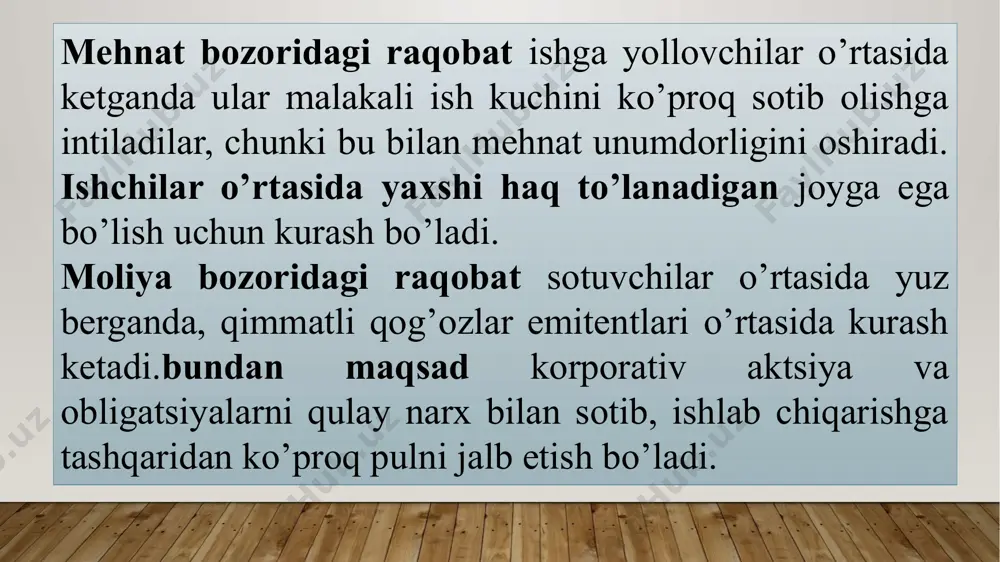 necha, poleo - sotaman) sotuvchilarning kamligini bildiradi. oligopol tarmoqlarga misol sifatida aqshning avtomobil sanoati, po’lat, alyumin, elektrouskunalar va kompyuter tarmoqlarini keltirish mumkin. bu tarmoqlarda ishlab chiqariladigan umumiy mahsulot hajmi bir necha firmalar hissasiga to’g’ri keladi. oligopolik bozorni uning quyidagi uchta xususiyati ajratib turadi: birinchidan, tarmoqda faoliyat ko’rsatayotgan firmalarning kamligi; ikkinchidan, tarmoqga kiruvchi firmalar uchun kuchli to’siqlarning mavjudligi; uchinchidan, oligopolik bozordagi firmalarning harakati bir-biriga bog’liqligi. oligopolik bozorning uchinchi xususiyatiga ko’ra, firmalarning iqtisodiy harakatlari bir-biriga bog’liq, ya’ni har bir firma biror iqtisodiy strategiyani tanlaganda, boshqa firmalarning ushbu strategiyaga bo’lgan munosabatini e’tiborga olish kerak bo’ladi. masalan, bir firma o’z mahsulotiga talabni rag’batlantirish uchun mahsulotining narxini 10 foizga kamaytirsa, u asosan raqobatlashuvchi firmalar hisobidan o’z mahsulotini sotish hajmini anchaga oshirishi mumkin va ular hisobidan o’z foydasini oshirishi mumkin. lekin firmaning bu narx siyosatiga javoban boshqa raqobatlashuvchi firmalar har xil iqtisodiy siyosat olib borishi mumkin: birinchidan, boshqa firmalar e’tibor bermasligi mumkin; ikkinchidan, ular ham narxni …