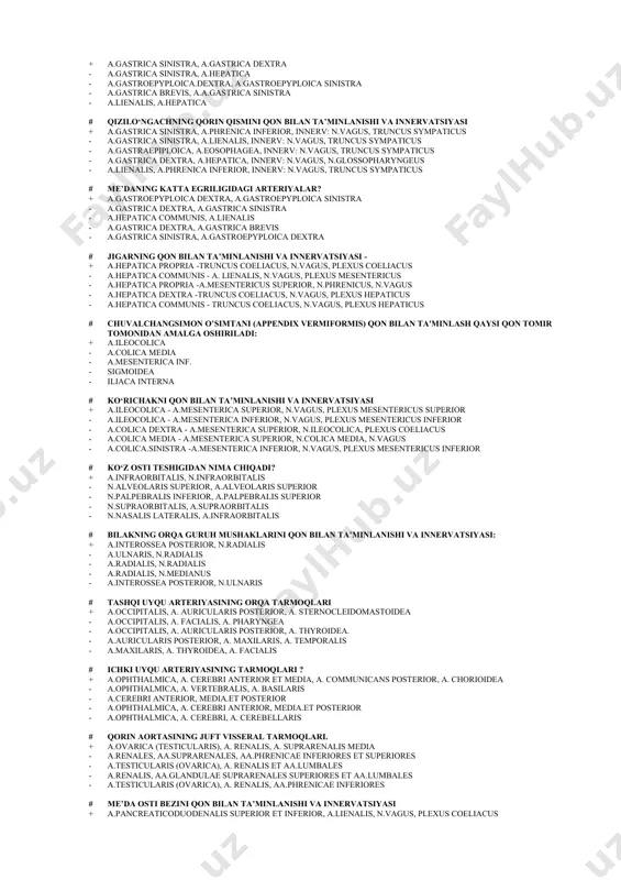 a oshiriladi: + a.ileocolica - a.colica media - a.mesenterica inf. - sigmoidea - iliaca interna # ko‘richakni qon bilan ta’minlanishi va innervatsiyasi + a.ileocolica - a.mesenterica superior, n.vagus, plexus mesentericus superior - a.ileocolica - a.mesenterica inferior, n.vagus, plexus mesentericus inferior - a.colica dextra - a.mesenterica superior, n.ileocolica, plexus coeliacus - a.colica media - a.mesenterica superior, n.colica media, n.vagus - a.colica.sinistra -a.mesenterica inferior, n.vagus, plexus mesentericus inferior # ko‘z osti teshigidan nima chiqadi? + a.infraorbitalis, n.infraorbitalis - n.alveolaris superior, a.alveolaris superior - n.palpebralis inferior, a.palpebralis superior - n.supraorbitalis, a.supraorbitalis - n.nasalis lateralis, a.infraorbitalis # bilakning orqa guruh mushaklarini qon bilan ta’minlanishi va innervatsiyasi: + a.interossea posterior, n.radialis - a.ulnaris, n.radialis - a.radialis, n.radialis - a.radialis, n.medianus - a.interossea posterior, n.ulnaris # tashqi uyqu arteriyasining orqa tarmoqlari + a.occipitalis, a. auricularis posterior, a. sternocleidomastoidea - a.occipitalis, a. facialis, a. pharyngea - a.occipitalis, a. auricularis posterior, a. thyroidea. - a.auricularis posterior, a. maxilaris, …