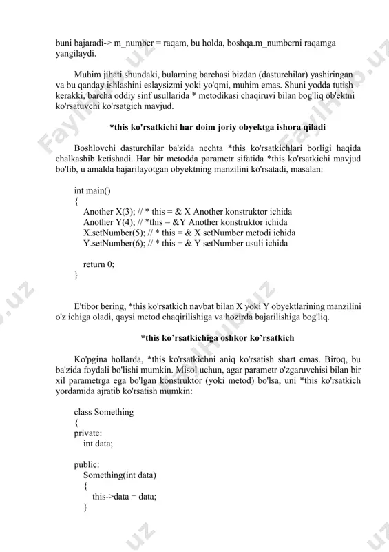 iz. masalan, ma'lumotlarni cout bilan qismlarga ajratganimizda: cout int main() { mathem operation; operation.add(7); // возвращает void operation.sub(5); // возвращает void operation.multiply(3); // возвращает void std::cout int main() { mathem operation; operation.add(7).sub(5).multiply(3); cout class a { public: a() { std::cout using namespace std; class point { public: point(int xl=0, int yl=0) { x = xl; y=yl; } int getx() const {return x;} int gety() const {return y;} private: int x; int y; }; class rectangle { public: rectangle(int xl, int yl, int x2, int y2): p1(xl, yl), p2(x2, y2) { a=x2-xl; b=y2-yl; }; rectangle(point a1, point a2):p1(a1), p2(a2) { a=a2.getx()-a1.getx(); b=a2.gety()-a1.gety(); }; int per() {return 2*(a + b);} int sq() {return a*b;} private: point p1, p2; int a, b; }; int main() { rectangle x(10, 20, 50, 80); cout using namespace std; class fpoint { public: //nuqta sinfi class point { public: point(int x1 =0, int y1 =0) { x …