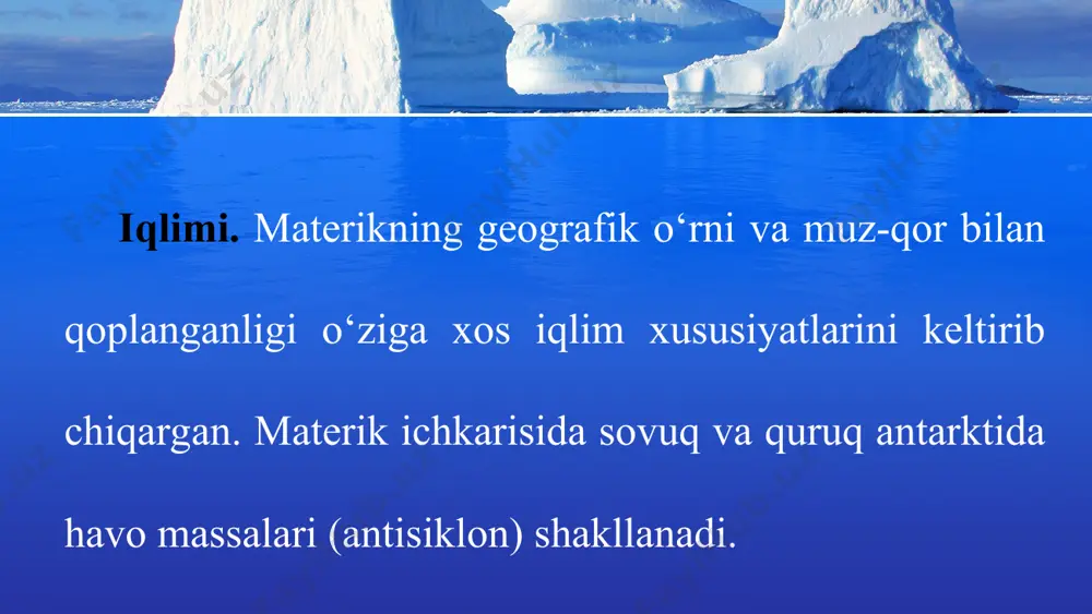 com www.free-power-point-templates.com organik dunyosi. materikning muz-qorlar bilan qoplangan ichki qismlarida organizmlar yo‘q hisobi. lekin materikka tutash okean suvlarida hayvonot olami nisbatan ko‘p. this presentation uses a free template provided by fppt.com www.free-power-point-templates.com bu sohil zonasida plankton va kril (mayda baliq)larni iste’mol qiladigan ko‘k kitlar, tulenlar, dengiz qoploni, janubiy dengiz mushugi, dengiz sheri va ko‘plab pingvinlar yashaydi (16- rasm). this presentation uses a free template provided by fppt.com www.free-power-point-templates.com this presentation uses a free template provided by fppt.com www.free-power-point-templates.com bu yerda pingvinlarning 17 turi tarqalgan. ayniqsa, go‘zal imperator (bo‘yi 1 m atrofida, og‘irligi 50 kg gacha) va kichikroq adeli pingvinlari ko‘p. pingvinlar suvda yaxshi suzadi, baliqlar, molluskalar va qisqichbaqalar bilan oziqlanadi. this presentation uses a free template provided by fppt.com www.free-power-point-templates.com this presentation uses a free template provided by fppt.com www.free-power-point-templates.com antarktida sohilida o‘ldirilgan eng katta ko‘k kitning uzunligi 33 m, og‘irligi 160 t, sof yog‘i 20 t atrofida bo‘lgan. 1967- …
