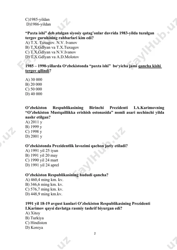 hrif biyurgan edi? a) xitoy b) turkiya c) hindiston d) koreya mustaqil o’zbekiston respublikasida birinchi muqobil prezidentlik saylovlari qachon bo’lib o’tgan edi? a) 1991 yil 31 avgustda b) 1990 yil 24 martda c) 1991 yil 29 dekabrda d) 1992 yil 2 martda o’zbekiston respublikasi nechta davlat bilan chegaradosh? a) 4 ta b) 5 ta c) 6 ta d) 7 ta o’zbekistonda “o’zbek tiliga davlat tili maqomini berish to’g’risida”gi qonun qachon qabul qilingan edi? a) 1990 yil 20 iyunda b) 1991 yil 18 noyabrda c) 1989 yil 21 oktyabrda d) 1990 yil 24 martda moskvada harbiy tо‘ntarishga urinish (favqulodda holat davlat komissiyasi) qachon sodir bо‘lgan edi? a) 1990- yil 19-21-noyabr kunlari b) 1990- yil 19-21-oktyabr kunlari c) 1991- yil 19-21-avgust kunlari d) 1991- yil 19-21-fevral kunlari 1992 yil 10 dekabrda o’zbekiston respublikasining qaysi davlat ramzi qabul qilingan edi? a) davlat gerbi b) davlat madhiyasi c) konstitutsiya d) davlat bayrog’i davlat va …