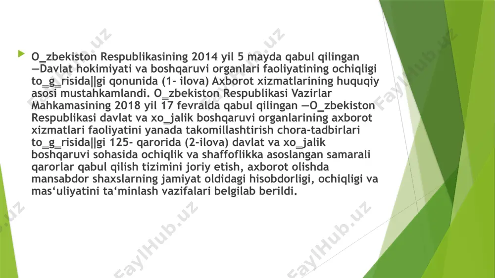 uassasalariga 2019-2020 o'quv yilidan e'tiboran axborot xizmatlari yo'nalishida ham abituriyentlar qabul qilina boshlagani, shu sohada kadrlar tayyorlashga ixtisoslashtirilgan fakultetlar tashkil etilayotgani muhim voqelikdir. o'zbekiston respublikasi prezidentining 2019 yil 2 fevral kuni qabul qilingan "axborot sohasi va ommaviy kommunikatsiyalarni yanada rivojlantirishga oid qo'shimcha chora-tadbirlar to'g'risida"gi farmonida "davlat organlari, xo'jalik boshqaruvi organlari, davlat korxonalari va tashkilotlari matbuot xizmatlarining jamoatchilik va ommaviy axborot vositalari bilan o'zaro hamkorligi yetarli darajada yo'lga qo'yilmagan"i qayd etildi. o‗zbekiston respublikasi prezidentining 2019 yil 2 fevral kuni qabul qilingan ―axborot sohasi va ommaviy kommunikatsiyalarni yanada rivojlantirishga oid qo‗shimcha chora-tadbirlar to‗g‗risida‖gi farmonida ―davlat organlari, xo‗jalik boshqaruvi organlari, davlat korxonalari va tashkilotlari matbuot xizmatlarining jamoatchilik va ommaviy axborot vositalari bilan o‗zaro hamkorligi yetarli darajada yo‗lga qo‗yilmagan‖i qayd etilib, o‗zbekiston respublikasi prezidenti administratsiyasi huzuridagi axborot va ommaviy kommunikatsiyalar agentligi e’tiboringiz uchun rahmat image1.jpeg image2.jpeg /docprops/thumbnail.jpeg
