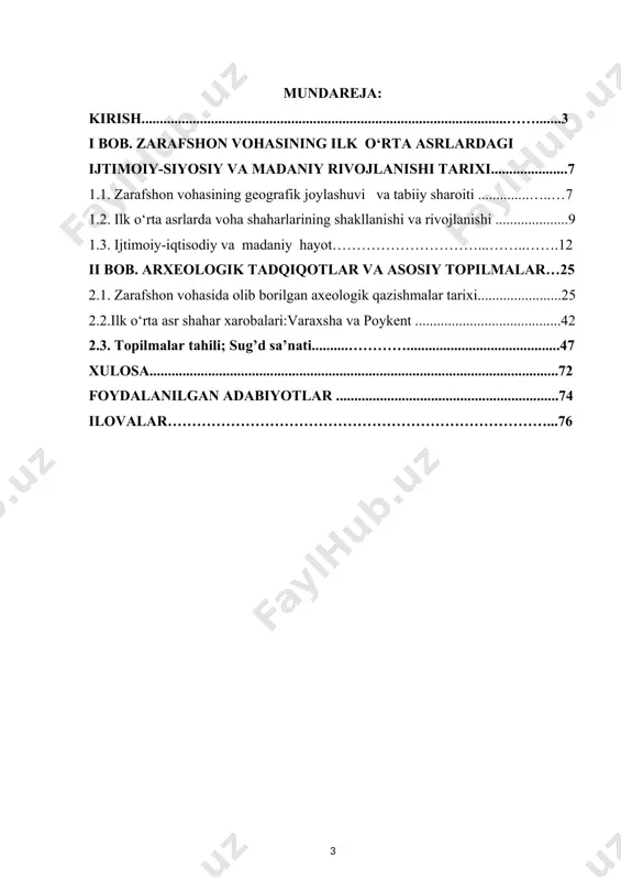 ini ko’rishimish mumkin. quyi zarafshon vohasi qadimgi o’zanlari havzasidan topib o’rganilgan ibtidoiy jamoalar makonlari joylanishi topografik holati kiziq manzarani berdi. masalan, makonlar ayni kunda qurib qolgan o’zanlar yon tomonlari bo’ylab zanjirsimon ko’rinishda joylashgan. bu esa, neolit jamoalari o’sha vaqtda to’lib, toshib oqqan o’zanlarning yon qirg’oqlari bo’ylab yashaganliklari va o’ziga xos moddiy madaniyat yaratganliklarini bildiradi. bu makonlarning asosiy qismi shimoliy o’zan sarhadlariga to’g’ri keladi. afsuski, bu makonlarning aksariyat madaniy qatlamlari so’nggi 5-4 ming yil davomida ro’y bergan yemirilish jarayonlari natijasida buzilib ketgan.ammo bu huhudning o’rganish hozirgi kunda ham davom etmoqda.chunki bu huhud juda ham ko’p tarix sirlarni o’z bag’rida saqlab kelmoqda. shunday qilib, v-viii asrlar arxitekturasini, o’rta osiyo feodalizm davrida paydo bo’lgan me’moriy uslubning birinchi bosqichi deb atash mumkin. quldorlik davlatlarining tanazzulga uchrashi natijasida ko’pgina shaharlarda hayot tarzi tushib ketadi. viii asrgacha o’rta osiyo shaharlarining tarkibi ark va shahristondan iborat bo’lib, rabot qismi endi shakllanayotgan edi.bu hududlardagi eng qadimgi shaharlardan varaxsha,poykent …