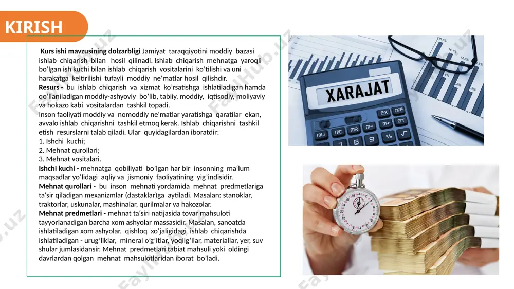 ir ishlab chiqarish jarayonida asosiy, qo`shimcha va yondash mahsulotlar olinadi. olingan buzoq qo`shimcha mahsulot hisoblanadi. shu sigirdan 5 – 6 tonna miqdorida organik o`g`it – go`ng olinadi. bu mahsulot yondash mahsulot hisoblanadi. barcha xarajatlar bir bosh sigirga qilingan. ya`ni, sigir boqilgan va natijada 3 xil mahsulot olingan. biz sutga, buzoqqa va go`ngga alohida xarajat qilgan emasmiz. bunday holda mahsulot birligining tannarxini hisoblash o`ziga xos murakkablikni keltirib chiqaradi. 2 qisqasi, bozor tizimi pul daromadlarini va milliy mahsulotni jamiyat a’zolari o‘rtasida taqsimlashda birmuncha tengsizliklarni keltirib chiqaradi. shu sababli davlat o‘z zimmasiga daromadlar tengsizligini kamaytirish vazifasini oladi. bu vazifa bir qator tadbir va dasturlarda o‘z ifodasini topadi. birinchidan, transfert to‘lovlari muhtojlarni, nogironlarni va birovning qaramog‘ida bo‘lganlarni nafaqalar bilan, ishsizlarni ishsizlik nafaqalari bilan ta’minlaydi. ijtimoiy ta’minot dasturlari orqali pensionyerlar va qariyalarga moliyaviy yordam ko‘rsatiladi. bu barcha dasturlar davlat byudjeti mablag‘larini jamiyatning kam daromad olgan yoki umuman daromadga ega bo‘lmagan a’zolari hisobiga qayta taqsimlaydi. ikkinchidan, …