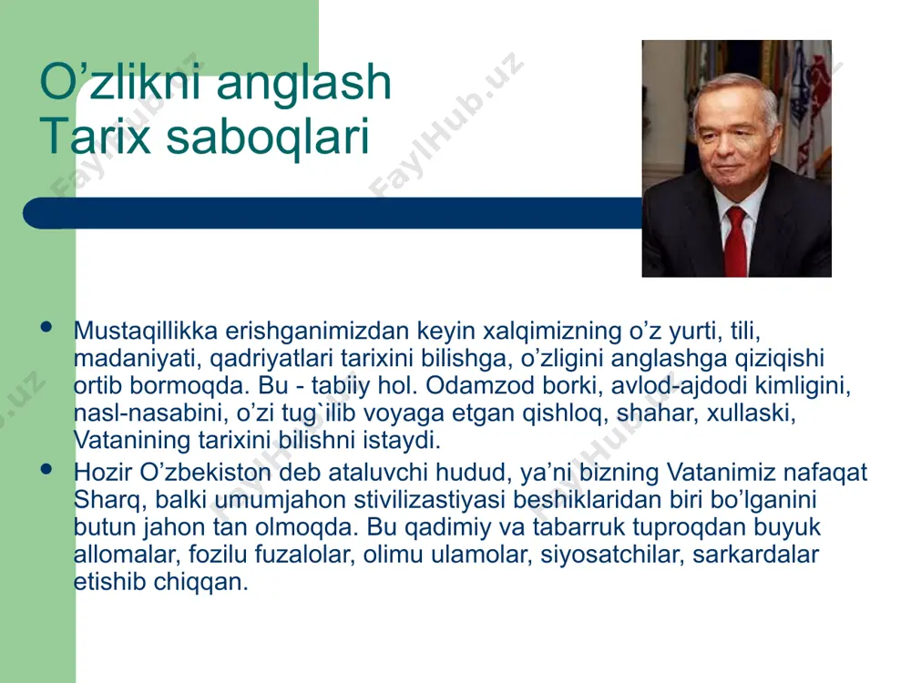 azar, jamiyatning har bir a’zosi o’z o’tmishini yaxshi bilsa, bunday odamlarni yo’ldan urish, har xil aqidalar ta’siriga olish mumkin emas. tarix saboqlari insonni hushyorlikka o’rgatadi, irodasini mustahkamlaydi. xulosa yuqoridagi mulohazalardan tabiiy ravishda shunday savol tug`iladi: xo’sh, o’zbekistonning, o’zbek xalqining bugun keng ommaga etkazishga arziydigan haqqoniy tarixi yaratildimi-yo’qmi? sovet davrida yozilgan tarixni men tarix sanamayman. o’zgalar yozib bergan tarixni o’qitishga mutlaqo qarshiman. mustamlakachi o’ziga qaram bo’lgan xalq haqida qachon xolis, adolatli fikr aytgan? ular bor kuch-g`ayratlarini turkistonning o’tmishini kamsitishga, bizni tariximizdan judo qilishga sarflaganlar. tarixdan judo bo’lish nimaligini yaxshi bilsangiz kerak. inson uchun tarixidan judo bo’lish - hayotdan judo bo’lish demakdir image1.jpeg image2.jpeg image3.jpeg image4.jpeg image5.jpeg image6.jpeg image7.jpeg image8.jpeg image9.jpeg image10.jpeg
