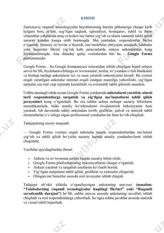 zimida, marketing sohasida, ijtimoiy so‘rovlar o‘tkazishda va davlat boshqaruvida keng qo‘llaniladi. anketalarning asosiy afzalliklari quyidagilardan iborat: · oson tarqatish: onlayn yoki bosma ko‘rinishda keng auditoriyaga tez yetkazish mumkin. · anonimlik: respondentlar ko‘pincha ochiqroq fikr bildiradilar. · statistik tahlilga yaroqli: natijalarni avtomatik ravishda saralash va grafik ko‘rinishda tahlil qilish imkoniyati mavjud. · tejamkorlik: vaqt va mablag‘ nuqtai nazaridan iqtisodiy jihatdan foydali. anketaning asosiy turlari: 1. yopiq savollar asosidagi anketalar – respondent belgilangan variantlardan birini tanlaydi. 2. ochiq savollar asosidagi anketalar – foydalanuvchi o‘z fikrini erkin tarzda yozadi. 3. aralash tipdagi anketalar – yopiq va ochiq savollar birlashtiriladi. 4. likert shkalasi asosidagi anketalar – respondentlar har bir savolga 1 dan 5 gacha yoki 1 dan 10 gacha baholaydi. 5. demografik anketalar – ishtirokchining yoshi, jinsi, ma’lumoti va boshqa umumiy ma’lumotlarini to‘plash uchun xizmat qiladi. anketalarning qanday tuzilishi — so‘rovning samaradorligiga bevosita ta’sir qiladi. yaxshi tuzilgan savollar orqali aniq va ishonchli natijalarni olish …