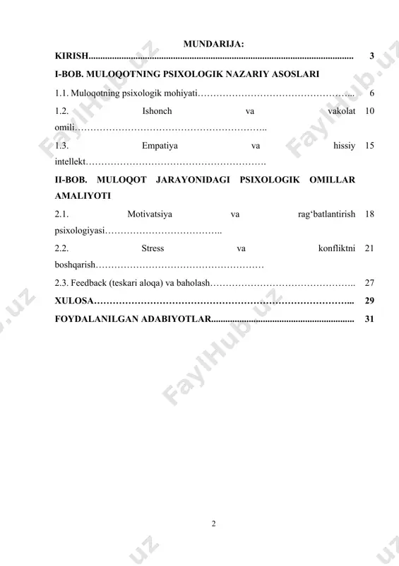 langan. xususan, 2017-yil 7-fevraldagi “o‘zbekiston respublikasini yanada rivojlantirish bo‘yicha harakatlar strategiyasi”da rahbarlarning malakasini oshirish, ularning xodimlar bilan samarali muloqotini ta’minlash zarurati belgilangan. ushbu strategiya davlat boshqaruvida inson omilini yanada rivojlantirishga qaratilgan keng qamrovli chora-tadbirlarni o‘z ichiga oladi. 2019-yil 27-avgustdagi farmonlarda oliy ta’lim muassasalarining rahbar va pedagog kadrlarining uzluksiz malakasini oshirish, ularning psixologik va kasbiy kompetensiyalarini rivojlantirish ustuvor vazifa sifatida qo‘yilgan. bu esa rahbarlarning nafaqat professional bilim va ko‘nikmalarini, balki psixologik salohiyatini ham doimiy ravishda takomillashtirish zarurligini anglatadi. 2020-yil 8-oktabrdagi yana bir farmonda davlat boshqaruvida rahbarlarning psixologik qobiliyatlarini rivojlantirish, ularning xodimlar bilan o‘zaro ishonchli va samarali muloqot o‘rnatishlari uchun sharoitlar yaratish choralari ko‘rilishi ko‘zda tutilgan. bu hujjatlar rahbar-xodim munosabatlarida psixologik omillarni chuqur o‘rganish va ularni boshqarishning ahamiyatini yanada oshiradi. psixologik omillar, ayniqsa, ishonch, empatiya va hissiy intellekt rahbar va xodimlar o‘rtasida o‘zaro tushunishni, motivatsiyani shakllantirishni va konfliktlarni bartaraf etishni osonlashtiradi. motivatsiya orqali xodimlarning mehnatga bo‘lgan qiziqishi va samaradorligi oshadi, stress va …