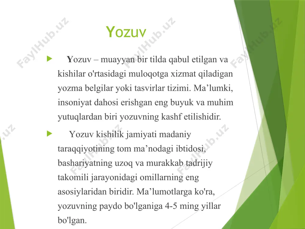 a to'g'ri keladi. bu yozuv turiga qadimgi hind yozuvi hisoblangan devanagari misol bo'la oladi. devanagarida 50 ta belgi mavjud bo'lib, uning 13 tasi so'z yoki bo'g'in boshidagi unli tovushlarni ifodalagan, 33 tasi bo'g'inlarga tegishli belgilar, 4 tasi yordamchi belgilardan iborat edi. finikiy yozuvi finikiy yozuvi 22 harfdan iborat bo‘lib, har bir harf alohida nutq tovushini ifoda etgan. bu yozuvda bironta ham boshqa sistemadagi belgi – logografik (so‘z yozuvi), sillabografik (bo‘g‘inli yozuv) elementlar qo‘llangan emas. yozuvda faqat undoshlargina ifodalangan, unlilar mutlaqo ifodalanmagan, ya’ni finikiy yozuvi sof konsonant yozuv bo‘lgan. harflar juda sodda, eslab qolish va yozish uchun qulay shaklga ega bo‘lgan. ular muayyan qat’iy ketma-ketlikdagi alifbodan iborat bo‘lgan. har bir harfning atalish nomi bo‘lgan. bu nomlar akrofonik tamoyil asosida, ya’ni harf ifodalaydigan tovush harf nomining birinchi tovushiga to‘g‘ri keladi. masalan, b – «bet», d – «dolet», g – «gimel», v – «vov», z – «zayn» kabilar. harflarning nomi ular ifodalagan tovushdan …