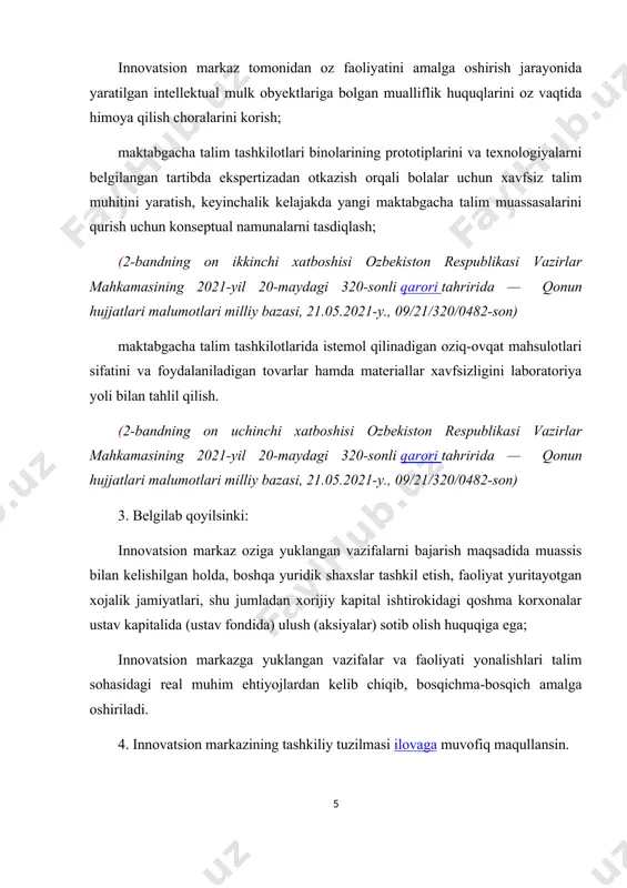 sonli qarori tahririda — qonun hujjatlari malumotlari milliy bazasi, 29.09.2020-y., 09/20/593/1340-son) 10. ozbekiston respublikasi maktabgacha talim vazirligi manfaatdor vazirliklar va idoralar bilan birgalikda qonun hujjatlariga ushbu qarordan kelib chiqadigan ozgartirishlar va qoshimchalar haqida ozbekiston respublikasi vazirlar mahkamasiga ikki oy muddatda takliflar kiritsin. 11. mazkur qarorning bajarilishini nazorat qilish ozbekiston respublikasi bosh vazirining ijtimoiy rivojlantirish masalalari boyicha orinbosari a.a. abduhakimov va ozbekiston respublikasi maktabgacha talim vaziri a.v. shin zimmasiga yuklansin. ozbekiston respublikasining bosh vaziri a. aripov kurs ishining maqsadi: maktabgacha ta'lim tashkilotlarida innovasion pedagogik g'oyalar mashgulotlarini tashkil etish metodikasi va texnologiyasini organish va ochib berish. kurs ishining obyekti: maktabgacha talim tashkiloti kurs ishining metodlari: kuzatish, eksperiment, suhbat va anketa metodlaridan foydalanish. kurs ishining tuzulishi: kirish, asosiy bolim, xulosa va foydalanilgan adabiyotlardan iborat. i bob.maktabgacha talim tizimida inovarsion pedagogik jarayon 1.1.maktabgacha talim tizimi maktabgacha taʼlim tashkiloti, shuningdek, bolalar bogʻchasi, boshlangʻich maktab yoki oʻyin maktabi sifatida ham tanilgan, bolalarga boshlangʻich maktabda majburiy taʼlimni …