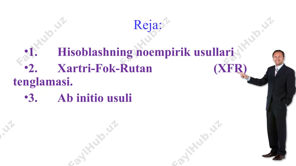 asini yechishda molekulyar tizimning noempirik holatda qarab chiqilishini nazarda tutadi va uning asosida olingan rutan tenglamasini yechishni amalga oshiradi. lekin, ab initio usullarida ayrim xolatlarda ko‘p elektronli tenglamalarni echishni osonlashtirish maqsadida bir qator cheklovlarga yo‘l qo‘yiladi. noempirik hisoblashlar maqbul bo‘lgan holatdagi yechimga nisbatan to‘liq va ravshan erishish imkonini beradi, biroq amaliyotda ulardan foydalanish cheklangan bo‘lib, bu holat ehm-(elektron hisoblash mashinasi) mashina vaqti resurslari cheklanganligi bilan bog‘liqdir, bu esa faqat uncha katta o‘lchamga ega bo‘lmagan molekulalar uchungina hisoblashlarni amalga oshirish imkonini beradi. bunday holatlarda katta bazis to‘plami yoki elektron korrelyasiyalardan voz kechiladi va albatta hisoblash aniqligi ancha pasayadi hisoblashning noempirik usullari barcha mavjud bo‘lgan, noempirik usullar birinchi bosqichda mmu-(xotira boshqaruv bloki) rejimida mo aochk- (atom orbitalining chiziqli kombinatsiyasi) usuli bo‘yicha bir elektronli (sleyter determinantlari) hisoblashlarini amalga oshiradi. hisoblashning noempirik usullarida, yarim empirik hisoblash usullari kabi born – oppengeymer yaqinlashuvidan foydalaniladi, bu yaqinlashuvga muvofiq, atom yadrosi vaqt davomida harakatsiz holatda qoladi (muzlatilgan …
