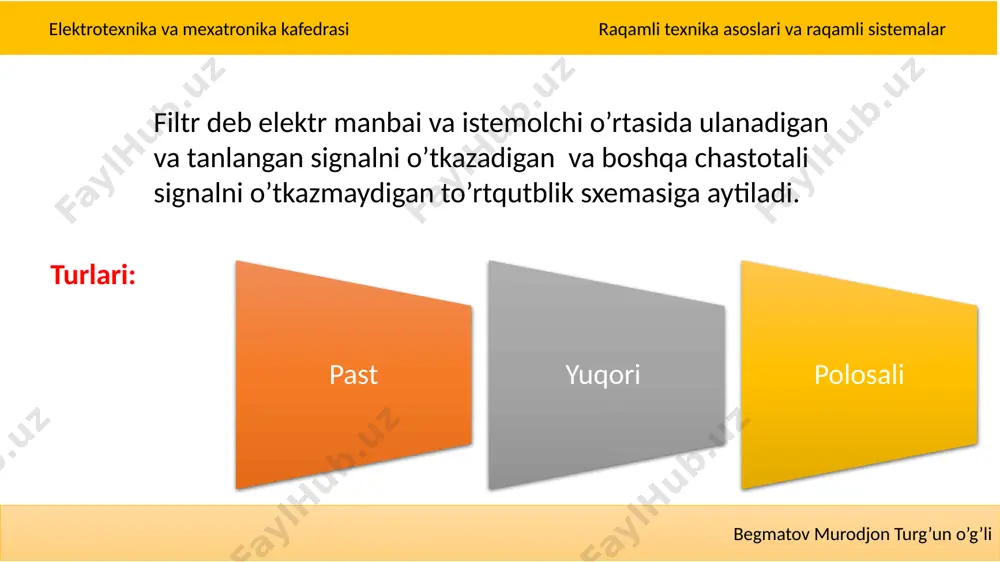 sistemalar rc filtrning multisim dasturida sxemasi begmatov murodjon turg’un o’g’li elektrotexnika va mexatronika kafedrasi raqamli texnika asoslari va raqamli sistemalar kirishda kuchlanish chastotasi 100 hz bo’lganda kirish va chiqish signallari begmatov murodjon turg’un o’g’li elektrotexnika va mexatronika kafedrasi raqamli texnika asoslari va raqamli sistemalar kirishda kuchlanish chastotasi 100000 hz bo’lganda kirish va chiqish signallari begmatov murodjon turg’un o’g’li elektrotexnika va mexatronika kafedrasi raqamli texnika asoslari va raqamli sistemalar masala: aktiv qarshiligi 240 kom, sig’imi 82 pf ga teng bo’lgan yuqori chastotali filtr, kuchlanishi 10 volt ga teng bo’lgan sinusoidal manbaga ulangan. manba chastotasi 100 hz va 100000 hz ga teng bo’lganda filtrning chiqish kuchlanishini hisoblang. yechish: yuqoridagi masalada qirqish chastotasi va faza siljish burchagini toping hamda multisim dasturida tahlil qiling. topshiriqlar: image1.tmp image2.tmp image3.tmp image4.tmp image5.tmp image6.tmp image7.tmp image8.tmp image9.tmp image10.tmp image11.tmp /docprops/thumbnail.jpeg