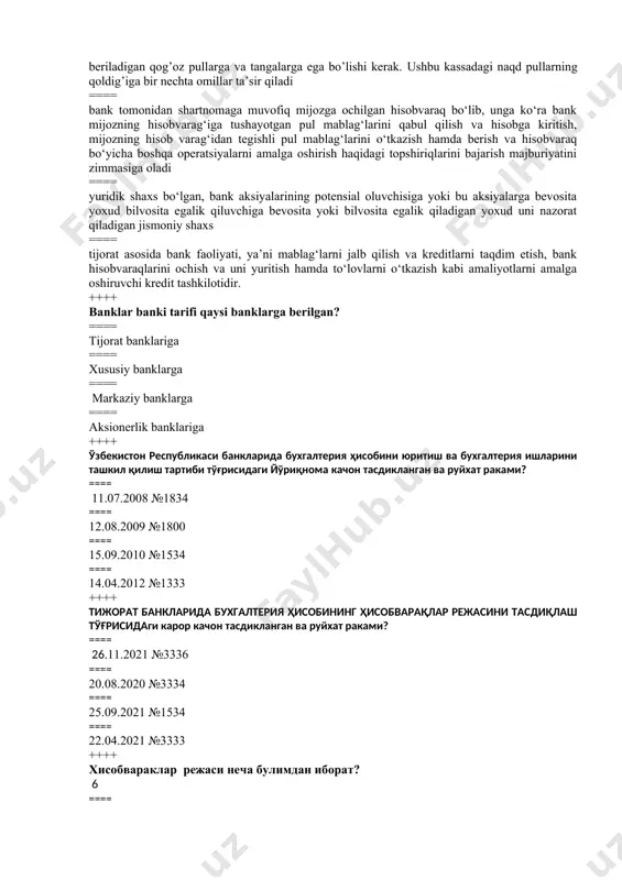 раклари неча турда булади? ==== уч (актив хисобвараклар, пассив хисобвараклар, актив-пассив хисобвараклар) ==== турт (дебет, актив хисобвараклар, пассив хисобвараклар, актив-пассив хисобвараклар) ==== беш (дебет, кредит, актив хисобвараклар, пассив хисобвараклар, актив-пассив хисобвараклар) ==== икки (актив хисобвараклар, пассив хисобвараклар) ++++ banklarda hisobvaraqlar rejasida xarajatlar hisobini yuritadigan hisobvaraqlar nechanchi “raqamdan” boshlanadi? ==== “besh” raqamidan ==== “ikki” raqamidan ==== “to’rt” raqamidan ==== “bir” raqamidan ++++ banklarda ish kuni va xujjatlar aylanishini tashkil etish bo’yicha asosiy talablar qaysi xujjatda belgilab berilgan? ==== “o’zbekiston respublikasi banklarida buxgalteriya hisobini yuritishni va buxgalteriya ishlarini tashkil qilish tartibi to’g’risida”gi 1834-sonli yo’riqnomada; ==== “buxgalteriya hisobi to’g’risida”gi qonunda; ==== o’zbekiston respublikasida “naqd pulsiz hisob-kitoblarni tashkil qilish haqida”gi 1122-sonli nizomda; ==== o’zbekiston respublikasi banklarida ochiladigan bank hisobvaraqalari to’g’risidagi 1948- yo’riqnoma. ++++ asosiy vositalar qanday hisobvaraqlarda hisobga olinadi? ==== aktiv hisobvaraqlarda; ==== passiv hisobvaraqlarda; ==== aktiv-passiv hisobvaraqlarda; ==== balansdan tashqari hisobvaraqlarda. ++++ asosiy vositalarga qanday usullardan foydalangan holda amortizatsiya hisoblanadi? ==== to’g’ri chiziqli, …