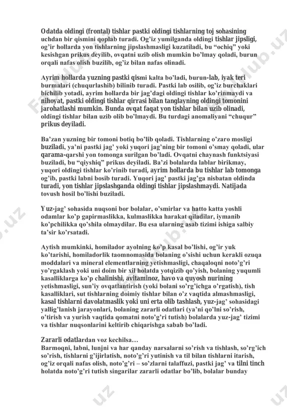baʼzan tishlar soni 32 tadan kam boʼlishi yoki ayrimlari chiqmay qolishi mumkin. bunga tish kurtagining yoʼqligi yoki tishning jagʼ suyagini oʼz vaqtida yorib chiqa olmasligi sabab boʼladi. jagʼda chiqmagan tish oʼrni boʼsh qoladi. baʼzi vaqtlarda odatdan tashqari “ortiq” tishlar chiqadi. tishlar notoʼgʼri chiqqanda bola ovqat chaynashga qiynaladi, unda tovush hosil qilish funktsiyasi buziladi, tish va milklari kasallanadi. аyniqsa lab tomonidan chiqqan tishlar labni koʼtarib yuz husnini buzsa, til tomondan yoki tanglay tomondan chiqsa nutqni buzilishiga sabab boʼladi. odatda oldingi (frontal) tishlar pastki oldingi tishlarning toj sohasining uchdan bir qismini qoplab turadi. ogʼiz yumilganda oldingi tishlar jipsligi, ogʼir hollarda yon tishlarning jipslashmasligi kuzatiladi, bu “ochiq” yoki kesishgan prikus deyilib, ovqatni uzib olish mumkin boʼlmay qoladi, burun orqali nafas olish buzilib, ogʼiz bilan nafas olinadi. аyrim hollarda yuzning pastki qismi kalta boʼladi, burun-lab, iyak teri burmalari (chuqurlashib) bilinib turadi. pastki lab osilib, ogʼiz burchaklari bichilib yotadi, ayrim hollarda bir jagʼdagi oldingi tishlar …