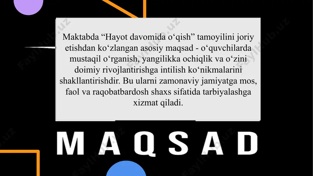 ya 1 oʻzbekistonda “hayot davomida oʻqish”gʻoyasi yangi oʻquv dasturlari va loyihalar (masalan, “ishga marhamat”, “bir million dasturchi”) orqali qoʻllanilmoqda. aktiv elektron taʼlim platformalari orqali bepul kurslar taklif etiladi. korporativ taʼlim – yirik kompaniyalar bilan hamkorlikda oʻqitish yoʻlga qoʻyilgan (samsung, lg). dual taʼlim tizimi – maktab va korxonalar hamkorligida amaliy bilimlar berilishi keng yo‘lga qo‘yilgan. folkeoplysning" (xalq taʼlimi) – kattalar uchun bepul va qulay taʼlim kurslari. ishchi huquqlari – xodimlar ish vaqtining bir qismini taʼlim olishga ajratishi mumkin. maktablarda loyihalar asosida oʻqitishni kengaytirish (masalan, steam taʼlimi). 2 maktablarda "steam" taʼlimi, loyihalar asosida oʻqitish kabi yangi usullar joriy etilmoqda.biroq buni ishtirokchilar to‘liq anglab yetganicha yo‘q. smart maktab loyihasi – har bir sinfda interaktiv doskalar, vr/ar qurilmalar, robotlar mavjud. ✅ "k-mooc" platformasi – maktab oʻquvchilari universitetlar tomonidan tayyorlangan onlayn kurslarda qatnashadi. ✅ "jugend forscht" (yoshlar tadqiqot qiladi) – maktablararo innovatsion loyihalar tanlovi, oʻquvchilar oʻz ixtiro va tadqiqotlarini namoyish etadi. ✅ oʻqituvchilarni korxonada malaka …
