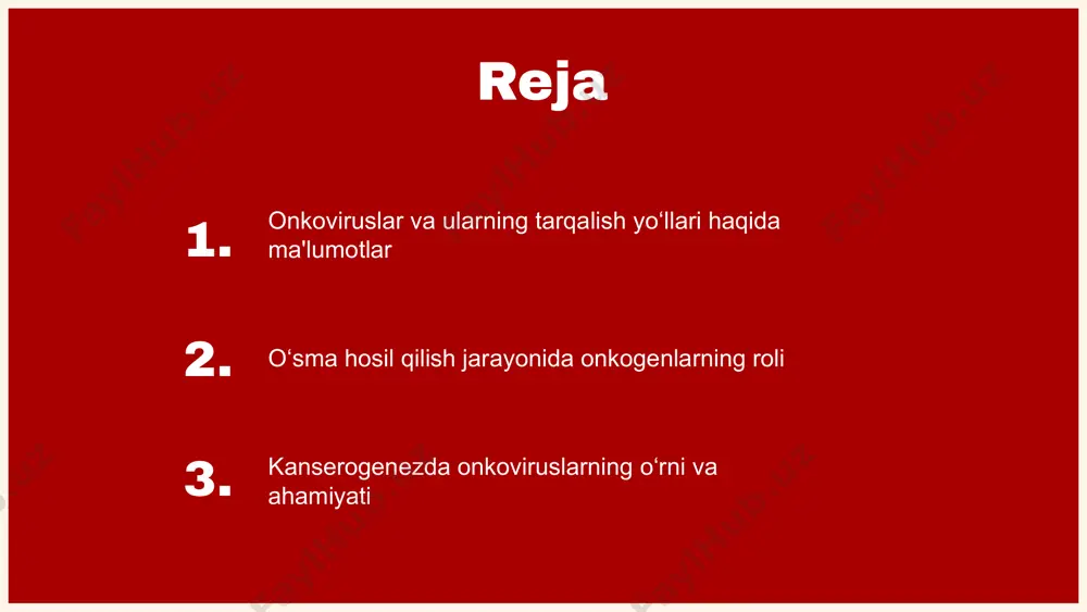 ifloslangan suv yoki oziq-ovqat orqali viruslar inson organizmiga kirishi mumkin. bunday holatlar, ayniqsa, sanitariya sharoitlari yomon bo‘lgan joylarda ko‘proq uchraydi. buning oldini olish uchun sanitariya va gigiena qoidalariga rioya qilish zarur. onkoviruslar va ularning o'sma hosil qiluvchi ta'siri onkoviruslar o'sma hosil qiluvchi jarayonda muhim rol o'ynaydi. ular hujayra onkogenlarini faollashtirib, nazoratsiz o'sish va ko'payishga olib keladi. hujayra onkogenlari, o'sishni va ko'payishni boshqaruvchi genlardir. masalan, onkoviruslar o'z genetik materialini hujayra dnk'siga integratsiyalab, bu onkogenlarning faollashishini kuchaytiradi. natijada, hujayralar o'sma hosil qilish jarayoniga kirishadi. tumor hosil qilishning asosiy mexanizmlari orasida hujayra siklini nazorat qilish, apoptoz jarayonini to'xtatish va immun javobni bostirish bor. misol uchun, hpv virusining o'ziga xos onkogenlari mavjud bo'lib, ular bachadon bo'yni saratoni rivojlanishiga sabab bo'ladi. o‘sma hosil qilish jarayonida onkogenlarning roli o‘sma hosil qilish jarayonida onkogenlar muhim rol o‘ynaydi. hujayra onkogenlari, odatda, hujayra o‘sishiga va ko‘payishiga ta’sir qiluvchi genlardir. ular o‘zgarishlarga uchraganda, hujayralarning nazorati yo‘qoladi va bu o‘sma rivojlanishiga …