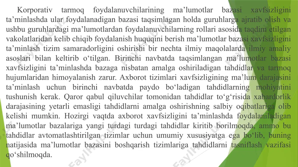 a server mavjud. foydalanuvchi dasturi dbms bilan bevosita bog‘lanadi. tezkor, lekin ko‘p foydalanuvchili tizimlar uchun mos emas. 3) uch qatlamli arxitektura (three-tier) 1-qavat: foydalanuvchi interfeysi (client) 2-qavat: ilova (application server) 3-qavat: ma’lumotlar bazasi (dbms server) moslashuvchan, xavfsiz va kengaytirish oson mba asosiy maqsadlari foydalanuvchi so‘rovlarini boshqarish ma’lumotlarga tez va ishonchli kirish ma’lumotlarni izchil va xavfsiz saqlash turli darajadagi foydalanuvchilar uchun interfeys taqdim etish mustaqil modullilik va oson modernizatsiya uch qatlamli arxitektura afzalliklari modullilik: interfeys, logika va ma’lumotlar alohida xavfsizlik: db server foydalanuvchidan bevosita yashirilgan kengayuvchanlik: foydalanuvchi soni o‘sishi bilan tizimni kengaytirish oson platformalarga moslashuvchanlik (mobil, web, desktop) ma’lumotlar bazasi qatlamlari mba odatda uchta qatlamga bo‘linadi: 1. tashqi daraja (external level): foydalanuvchi darajasi gui yoki api orqali kirish 2. mantiqiy daraja (conceptual level): ma’lumotlar strukturasi va munosabatlar yagona global model 3. ichki daraja (internal level): fizik saqlash, fayllar, indekslar, buferlar resurslar bilan ishlov fizik va mantiqiy mustaqillik fizik mustaqillik: ma’lumotlar qanday …