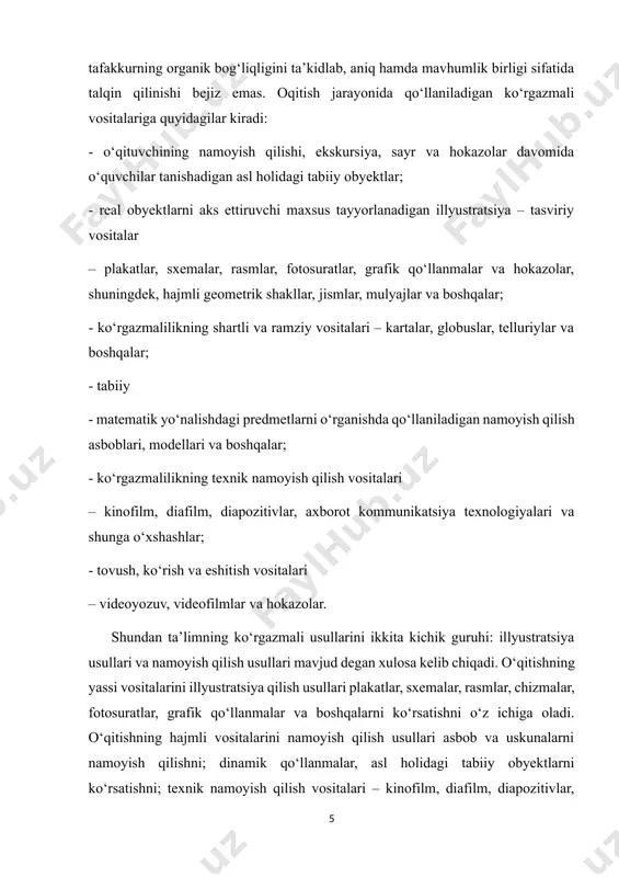 to‘xtasa o‘quvchi o‘sha savolga javob beradi. “o‘yla, bolajon!” usuli bunda doirachalar ichida harflar yozilib, shu harflar bir-birlariga chiziqlar orqali birlashtirilgan bo‘ladi, o‘quvchi ularni ya’ni harflarni o‘qigan holda yashiringan so‘zni topib, shu so‘zga berilgan savollarga javob berishlari lozim. bu ko‘rgazmadan o‘qish va ona tili darslarida qo‘llashi mumkin. “piktogramma” usuli bu usulda ertak qahramoni yoki multfilm qahramonlari rasmi ko‘rsatiladi, o‘quvchilar ushbu qahramonlarni rasmlariga qarab, multifilm yoki ertakni nomini topshlari kerak. masalan: “yoriltosh” ertagi “qizil shapkacha” ertagi “bobo sholg‘om” ertagi tadqiqotlar natijasi shuni tasdiqladiki, maqsadga muvofiq tuzilgan mashqlar tizimi vositasida o‘quvchilarda o‘qitishning ko‘rgazmali usullaridan foydalanish ko‘nikma va malakalarini samarali shakllantirish mumkin. ko'rgazmali qurollar, boshlang'ich sinflarda o'qish darslarida o'quv faoliyatiga ta'sir qilishi mumkin. bu qurollar, o'quvchilarning dars vaqtlarini yaxshilash, ma'lumotlarni yaxshi o'rganish va tushuntirishga yordam berish uchun foydali bo'ladi. ko'rgazmali qurollar o'quvchilarga interaktiv darslar o'tkazish, ma'lumotlarni yodlash va tushuntirishda yordam beringan bo'ladi. bu qurollar o'quvchilarning qiziqishlarini tortish va ta'lim jarayonini qiziqarliroq qilishda ham foydali …
