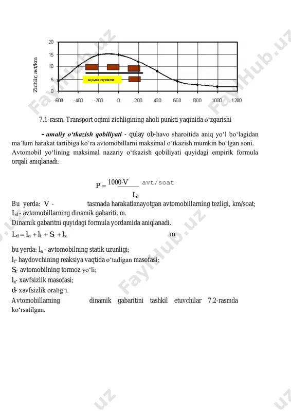 shtirilgan tartibda o‘tkazishi mumkin bo‘lgan soni. uni transport oqimining dinamik formulasi yordamida aniqlanadi; 7.1-rasm. transport oqimi zichligining aholi punkti yaqinida o‘zgarishi - amaliy o‘tkazish qobiliyati - qulay ob-havo sharoitida aniq yo‘l bo‘lagidan ma’lum harakat tartibiga ko‘ra avtomobillarni maksimal o‘tkazish mumkin bo‘lgan soni. avtomobil yo‘lining maksimal nazariy o‘tkazish qobiliyati quyidagi empirik formula orqali aniqlanadi: p  1000v avt/soat ld bu yerda: v - tasmada harakatlanayotgan avtomobillarning tezligi, km/soat; ld - avtomobillarning dinamik gabariti, m. dinamik gabaritni quyidagi formula yordamida aniqlanadi. ld  la  lt  st  lx m bu yerda: la - avtomobilning statik uzunligi; lt- haydovchining reaksiya vaqtida o‘tadigan masofasi; st- avtomobilning tormoz yo‘li; lx- xavfsizlik masofasi; d- xavfsizlik oralig‘i. avtomobillarning dinamik gabaritini tashkil etuvchilar 7.2-rasmda ko‘rsatilgan. z ic h li r, a v t/ k m la d lt st lx lq 7.2-rasm. avtomobillarning dinamik gabariti avtomobillarning dinamik gabaritidan ko‘rinadiki, bu ko‘rsatkich transport vositalarining bir tasmada bo‘ylama …