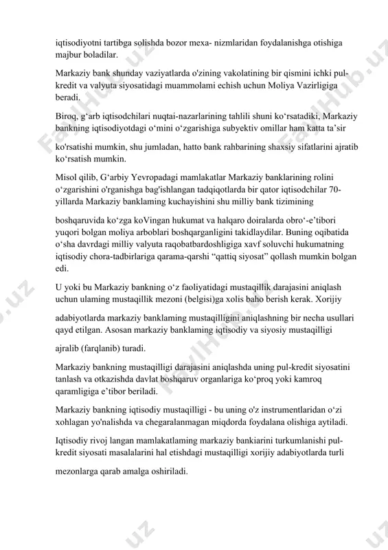 'yicha) markaziy banklaming o‘mi kuchayadi, tartibga solishning ma’muriy metodlarini qollash kengayadi, va aksincha, monetaristlar nazariyasining ta’siri kuchayishi va davlatning iqtisodiyotga aralashuvining kamayishi oqibatida markaziy banklaming iqtisodiyotni tartibga solishda bozor mexa- nizmlaridan foydalanishga otishiga majbur boladilar. markaziy bank shunday vaziyatlarda o'zining vakolatining bir qismini ichki pul-kredit va valyuta siyosatidagi muammolami echish uchun moliya vazirligiga beradi. biroq, g‘arb iqtisodchilari nuqtai-nazarlarining tahlili shuni ko‘rsatadiki, markaziy bankning iqtisodiyotdagi о‘mini o‘zgarishiga subyektiv omillar ham katta ta’sir ko'rsatishi mumkin, shu jumladan, hatto bank rahbarining shaxsiy sifatlarini ajratib ko‘rsatish mumkin. misol qilib, g‘arbiy yevropadagi mamlakatlar markaziy banklarining rolini o‘zgarishini o'rganishga bag'ishlangan tadqiqotlarda bir qator iqtisodchilar 70-yillarda markaziy banklaming kuchayishini shu milliy bank tizimining boshqaruvida ko‘zga kovingan hukumat va halqaro doiralarda obro‘-e’tibori yuqori bolgan moliya arboblari boshqarganligini takidlaydilar. buning oqibatida o‘sha davrdagi milliy valyuta raqobatbardoshligiga xavf soluvchi hukumatning iqtisodiy chora-tadbirlariga qarama-qarshi “qattiq siyosat” qollash mumkin bolgan edi. u yoki bu markaziy bankning o‘z faoliyatidagi mustaqillik darajasini aniqlash uchun …