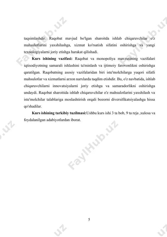 xizmatlarini global bozorlar orqali taklif etish imkoniyatiga ega bo‘lib, bu esa raqobatni yanada kuchaytiradi. internet va raqamli texnologiyalar yordamida kompaniyalar tezda yangi bozorlarni o‘zlashtirishlari mumkin, bu esa raqobatni yanada kuchaytiradi. raqobat, shuningdek, iste'molchilar uchun foydali bo‘ladi. raqobat tufayli iste'molchilar turli xil mahsulotlar va xizmatlarni tanlash imkoniyatiga ega bo‘lishadi, narxlar esa past bo‘lishi mumkin. bunday sharoitda iste'molchilar o‘z ehtiyojlariga eng mos keluvchi variantni tanlash imkoniyatiga ega bo‘ladilar. raqobat, shuningdek, innovatsiyalarni rag'batlantiradi. kompaniyalar raqobatga dosh berish uchun yangi texnologiyalar va mahsulotlarni ishlab chiqishga harakat qilishadi, bu esa iqtisodiy o‘sishni ta'minlaydi. raqobatning turli turlari mavjud. ular orasida erkin raqobat, monopolistik raqobat va oligopoliya kabi turli xil shakllarni ajratish mumkin. erkin raqobat bozorning ko‘plab ishtirokchilari mavjud bo‘lganda va har birining bozor ulushi kichik bo‘lganda yuzaga keladi. monopolistik raqobat esa, ko‘plab ishlab chiqaruvchilar mavjud bo‘lsa-da, har birining mahsuloti bir-biridan farq qiladi. oligopoliya esa bozorga bir nechta katta ishlab chiqaruvchilar hukmronligi bilan xarakterlanadi. bu holatda, ishlab …