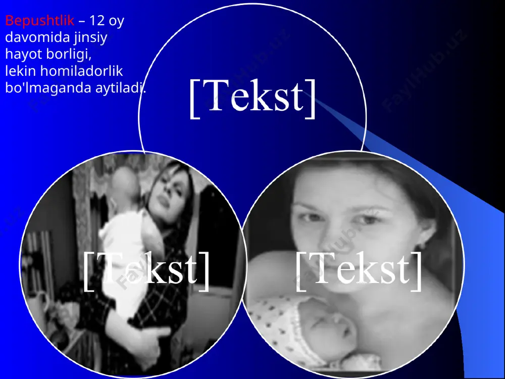 l sikl davomida 1 sohada birta gradusnik bilan 4-5 sm ga to'gri ichakka kiritiladi 2-3 menstrual sikl davomida 5-7 minut davomida ertalab uyqudan keyin joydan turmasdan 1vaqtda bazal harorat. gormonal tekshirishlar o'tkazish maqsadi. gormonlarni aniqlash 2 – 5 va 20-23 kun menstrual siklida. gormonal o'zgarish xarakterini baxolash maqsadida gormonal sinamalar ham o'tkaziladi. tuxumdon funktsiyasini baxolash endokrin bezlar funktsiyasini baxolash qondagi gormonlar kontsentratsiyasining aniqlash gsg gsg (gisterosalpingografiya) ko'p qo'llaniladigan rengenologik usul hisoblanib, bachadon bo'shligi va bachadon naylariga kontrast modda yuborilib rengenogramma qilinadi. kontrast moddaning qorin bo'shligiga to'kilishi naylar o’tkazuvchanligidan dalolat beradi. bundan tashqari gsg endometriy poliplari, shilliq osti miomasi va bachadon anomaliyasini aniqlaydi. gisterosalpingografiya (gsg) ultratovush monitoringi ultratovush monitoringi bu uzi orqali tuxumdon va bachadondagi o'zgarishlarni aniqlash. hayz davri davomida. ultratovush monitoringi laparoskopiya ichki organlar kuz bilan ko'rilib ularning holati patologik o'zgarishlari aniqlanadi. optik apparatura yordamida qorin bo'shligini teshib, qorin bo'shligi holatini aniqlash laparoskopiya normada bachadon laparoskopiyasi normada tuxumdon laparoskopiyasi normada …