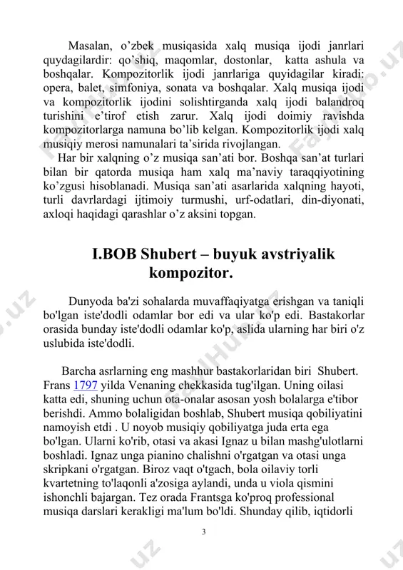 anqidchilariga eslatdi, shuning uchun frantsiyaga dastlabki asarlar unchalik tan olinmadi. bo'lajak kompozitorga shon-sharaf to'satdan, 1816 yilda teatr va raqs sahnalarida hali ham mashhur bo'lgan "o'rmon qiroli" balladasi chiqqanida paydo bo'ldi. keyinchalik uning karerasi ko'tarildi, yosh musiqachi tajriba orttirdi va zamonaviy tanqidchilar ko'pincha "go'zal tegirmon", "qish yo'li" tsikllarini ta'kidlashadi. 1.1. musiqa san’atidagi romantizm oqimining ilk namoyandalaridan biri. shubertning ushbu davrda yaratgan ko'plab musiqalari dunyo miqyosida shuhrat qozondi, masalan: "serenade" ("oqqush qo'shig'i" to'plami), "shelter", "dengiz bo'yida". buyuk avstriyalik kompozitor franc shubert betxovenning zamondoshi edi. u bor yo’g’i o’ttiz bir yil umr ko’rdi va ijodiy faoliyati gullab yashnagan paytda vafot etdi. hayotidagi doimiy muvaffaqiyatsizliklar, muhtojlik va nochorlik kompozitorni jismonan va ruhan holdan toydirdi va bevaqt vafotiga sabab bo’ldi. shubert yaratgan to’qqizta simfoniyaning birortasi ham kompozitor hayotligida ijro etilmadi. operalari ham sahna yuzini ko’rmadi. olti yuzdan ortiq qo’shig’idan faqat ikki yuztasi, yigirmadan ortiq sonatasidan faqat ikkitasi nashr etildi. agar kompozitorlar r.shuman va i.brams kabi …