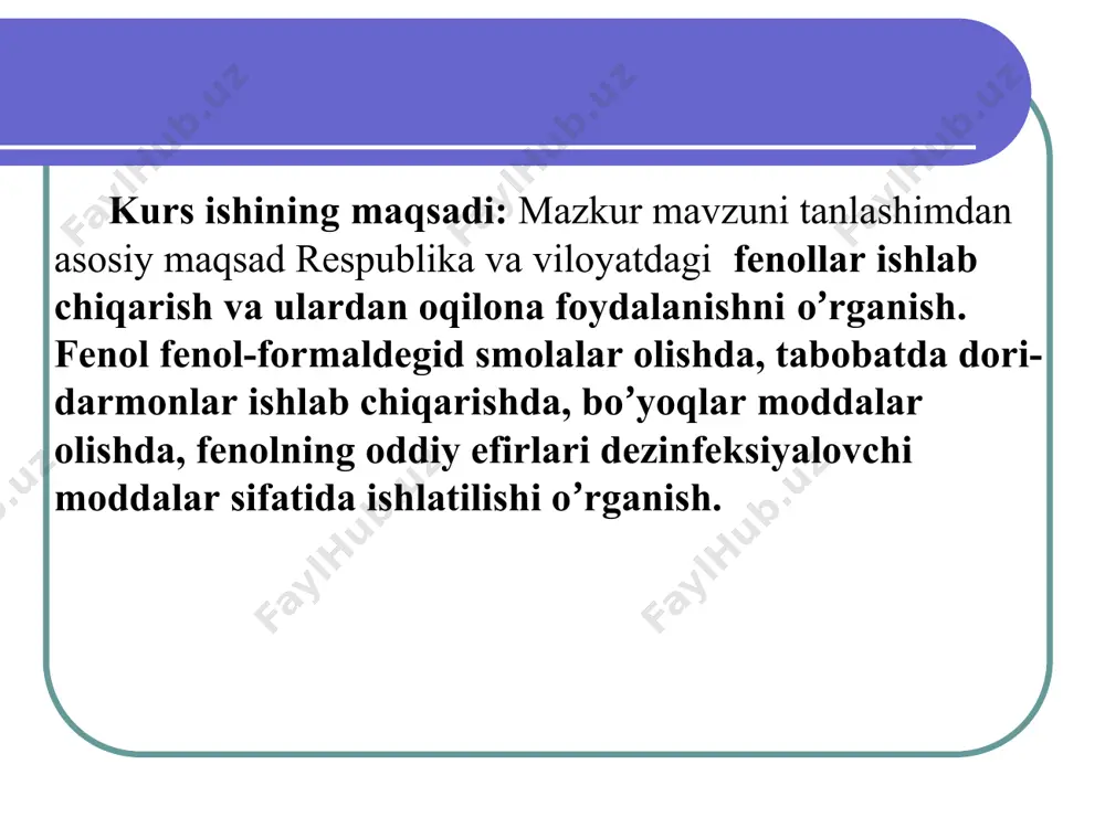 yalari. probirkalarga fenollarning eritmalaridan 2 ml dan quyib, ustiga temir(iii) –xlorid eritmasidan bir necha tomchi tomiziladi. bunda fenol va rezorsin eritmalari to’q binafsha rangga, pirogallol eritmasi qo’ng’ir- qizil rangga, o-krizol eritmasi tezda sariq rangga o’tadigan intensiv va binafsha rangga, m-krizol binafsha, n-krizol esa to’q ko’k rangga bo’yaladi. pirokatexin eritmasi intensive yashil rangda, gidroxinon eritmasi esa avval yashil, so’ngra qo’nq’ir rangga bo’yaladi. fenollar suyultirilgan eritmalarda temir (iii)- xlorid bilan o’ziga xos rangli reaksiya beradi, bunda temirli murakkab komplekslar hosil bo’ladi. ishlatilishi. o h o h oh oh o h o h oh oh o h h o oh ho o h o h o h oh oh oh o h h o o h ohho oh o h c h 3 oh ch 3 c l o h + n a c l c h 3 c h c h 3 o 2 c c h 3 h 3 c o …