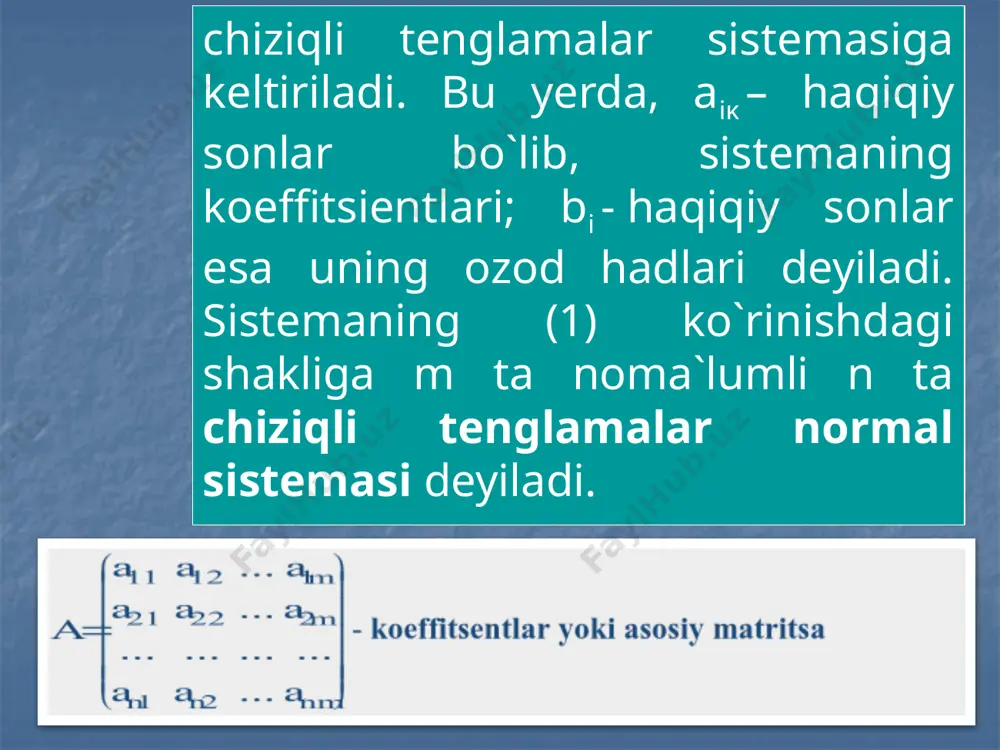 agi elementar almashtirishlar bajariladi: 1) sistema tenglamalari o`rinlarini almashtirish mumkin; 2) sistema biror-bir tenglamasi ikkala qismini biror noldan farqli songa ko`paytirish mumkin; 3) sistema biror-bir tenglamasiga uning boshqa tenglamasini songa ko`paytirib, qo`shish mumkin sistema umumiy yechimini qurish usuli – gauss usulining bir necha modifikatsiyalari mavjud. quyida gaussning klassik yoki ixcham sxe-ma usuli va jordan modifikatsiyalari bilan tanishamiz. gaussning klassik yoki ixcham sxema usuli to`g`ri va teskari yurishlardan iborat. to`g`ri yurishda sistemaning asosiy matritsasi trapetsiyali yoki uchburchakli ko`rinishga keltiriladi. teskari yurishda uning noma`lumlari ketma-ket ravishda aniqlanadi va umumiy yechim quriladi. gauss usulining jordan modifikatsiyasi mazmun-mohiyati quyidagidan iborat: dastlabki normal ko`rinishda berilgan sistemaning kengaytirilgan (a | b) matritsasi quriladi. yuqorida zikr etilgan sistemani teng kuchli sistemaga aylantiruvchi elementar almashtirishlardan foydalanib, kengaytirilgan matritsaning chap qismida yoki uning qism ostida birlik matritsa hosil qilinadi. bunda birlik matritsadan o`ngda yechimlar ustuni hosil bo`ladi. gauss-jordan usulini quyidagicha sxematik ifodalash mumkin: (a | b) ~ (e | …