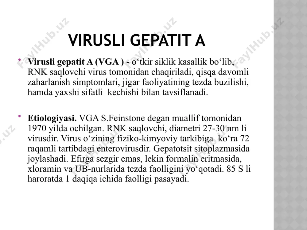 kasallikning bu davri bemor umumiy ahvoli yaxshilanishi va shikoyatlar kamayishi bilan izohlanadi. avval ko‘z oqi, keyin yuz, badan terisi, qattiq va yumshoq tanglay, kechroq oyoq-qo‘llar terisi sarg‘ayadi. sariqlik tez, 1-2 kun ichida ortib borib bemor sarg‘ayib qoladi. sariqlik darajasiga qarab engil (72%), o‘rtacha (23%) yoki intensiv (5%) ifodalangan bo‘lib, 7-14 kun ushlanib turadi. sariqlik avjida jigar juda kattalashgan, qattiqlashgan, paypaslaganda og‘riqli bo‘ladi. jigar bir xilda kattalashadi, lekin ba’zida birgina chap qismining kattalashishi kuzatiladi. taloq o‘lchamlari bu davrga kelib 13% bemorlarda kattalashadi. bunda faqat taloq cheti o‘rtacha qattiq, ba’zida sezgir bo‘ladi. sariqlik avjida peshob juda to‘qlashgan, axlat esa oqargan bo‘ladi. bu davrda fermentlar ortishi ham eng yuqori bo‘ladi. sariqlik eng avjiga chiqqandan so‘ngi davr bu davr jigar o‘lchamlarining nisbatan sekin qisqarishi bilan izohlanadi. bolalar o‘zini yaxshi his qilsa ham jigar, ba’zida taloq kattaligi saqlangan, jigar funksional sinamalari ko‘rsatkichlari o‘zgarganligi saqlanib turadi. tiklanuvchi yoki rekonvalessensiya (tuzalish) davri jigar o‘lchamlari, funksiyasi me’yorlashuvi, bemor …