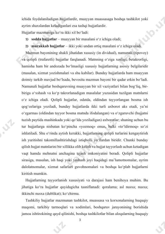 aqt hamda mehnatni anchagina tejash imkoniyatini beradi. qolipli hujjatlar sirasiga, masalan, ish haqi yoki yashash joyi haqidagi ma’lumotnomalar, ayrim dalolatnomalar, xizmat safarlari guvohnomalari va boshqa ko‘plab hujjatlarni kiritish mumkin. hujjatlarning tayyorlanish xususiyati va darajasi ham benihoya muhim. bu jihatiga ko‘ra hujjatlar quyidagicha tasniflanadi: qoralama; asl nusxa; nusxa; ikkinchi nusxa (dublikat); ko‘chirma. tashkiliy hujjatlar mazmunan tashkilot, muassasa va korxonalarning huquqiy maqomi, tarkibiy tarmoqlari va xodimlari, boshqaruv jarayonining borishida jamoa ishtirokining qayd qilinishi, boshqa tashkilotlar bilan aloqalarning huquqiy tomonlari kabi masalalarni aks ettiradi. nizomlar, yo‘riqnomalar, majlis bayonlari, shartnomalar ana shunday tashkiliy hujjatlar sirasiga kiradi. farmoyish hujjatlari guruhiga buyruq, ko‘rsatma, farmoyish kabilar kiradi. ish hujjatlarini yuritish tili va uslubi. o‘zbek hujjatchiligini shakllantirish va takomillashtirishdagi eng muhim va dolzarb masalalardan biri hujjatlarning tili va uslubi masalasidir. hujjat tayyorlash va rasmiylashtirishda eng avvalo o‘zbek tilining barcha asosiy qonuniyatlari va qoidalarini ma’lum darajada tasavvur etish zarur. hujjatlar matniga qo‘yiladigan eng muhim talablardan biri xolislikdir. hujjatlar rasmiy …