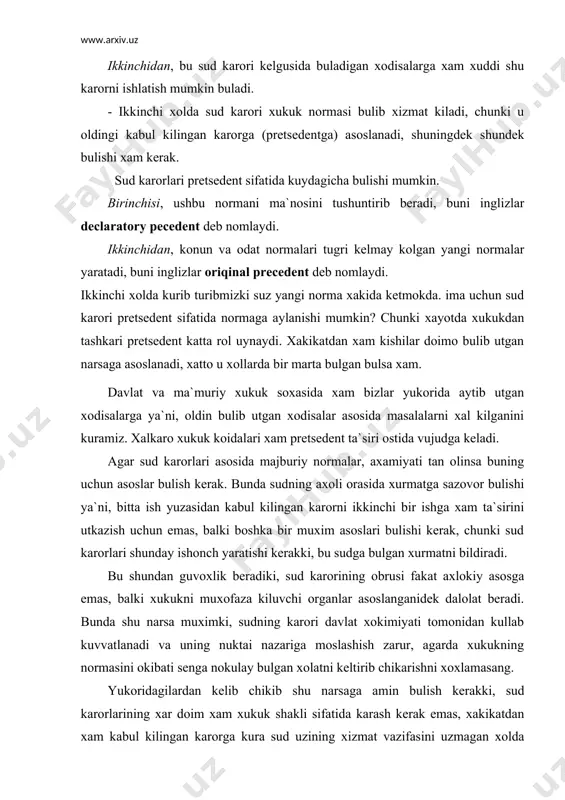 i xukuk shakli bulib xisoblanadigan mamlakat bu angliyadir, shuning uchun xam xukuk pretsedenti ingliz odat xukuki xam deb nomlanadi. (cas - law), u sud normalari tuplamida yigilgan (reports). angliyada tuplamda yozilgan sud pretsedentiga asoslanish xuddi konun moddasiga asoslangandek yuridik axamiyatga egadir. bunga uxshash xolatlarni yevropa kit`asida uchratmaymiz, masalan: fransiya xukukshunosligida, fransuz yuristlari, sud amaliyotini xukuk norma sifatida xech kochon tan olgan emaslar. mana buni ular utgan asir oxirida kuydagicha suzlab berganlar. sudning kanchalik obrusi bulmasin uning karori kanchalik tulik bulmasin, u xech kachon xamma fukarolar uchun majburiy bulgan koidalarni yarata olmaydi. agar umum manfa`t talab kilar ekan, kaysiki sud uz karoridan voz kechishini shunday bulsa xam, pretsedentning xatosini yoki zararini fan yoki tajriba orkali kurish mumkin. shunisi kizikarliki, sotsialistik xukuk nazariyotchilari xam xukukni pretsedent shakllarini tan olmaganlar, chunki ular sud va ma`muriy organlar ijod kilishlari emas balki xukukni tadbik kilishlari kerak. anglo-sakson xukukiy oilasiga kiruvchi davlatlarda sudyalar tomonidan shakllantirilgan va …