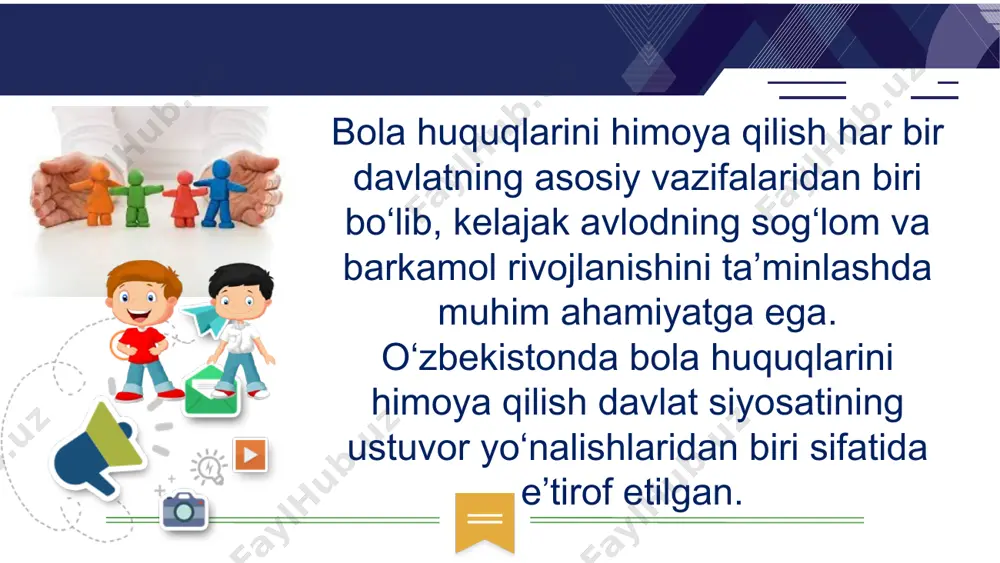 … bolani chet elga ketishi odam savdosi salbiy oqibatlar “bola huquqlari to‘g‘risidagi konvensiya”dagi muhim masalalar. mehnat kodeksi oila kodeksi fuqarolik kodeksi jinoyat kodeksi o‘zbekiston konstitutsiyasi o‘zbekiston respublikasining “bola huquqlarining kafolatlari” to‘g‘risidagi qonuni 8 bolalarni salomatligiga zarar yetkazuvchi axborotdan himoya qilish zarurati 2019 yildagi qonunda bolalarning axborot olish huquqini ta’minlash bilan birga, ularni salomatligiga salbiy ta’sir ko‘rsatuvchi axborotdan himoya qilishga qaratilgan masalalar qamrab olingan. bolani kamsitish bullingni oldini olishda jamoat tashkilotlarining roli bolaga kuch ishlatish bolani haqorat qilish bolalar ombudsmani faoliyati voyaga yetmaganlar huquqlarini ta’lim muassasasida ta’minlanishi ! 11 mehnat qilish huquqi dam olish va bo‘sh vaqtga bo‘lgan huquqi sog‘lig‘ini saqlash huquqi turar joyga bo‘lgan huquqi bilim olish huquqi oila - tarbiya o‘chogi oila - kishilarning tabiiy, iqtisodiy, huquqiy, maʼnaviy munosabatlarga asoslangan ijtimoiy birligi bolalar huquqlari va kafolatlarini o‘rganish o‘quvchiga nima beradi? havfsizlikni his qiladi rivojlanishdan to‘xtamaydi salohiyati ortadi fikrlash , so‘z erkinligi ta’minlanadi huquqiy madaniyati shakllanadi bo‘sh vaqtini mazmunli tashkil …