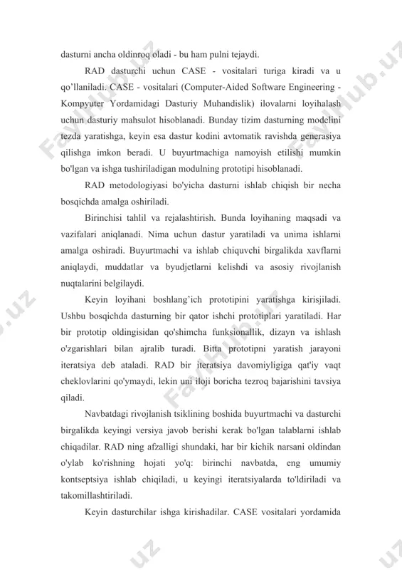 likda xavflarni aniqlaydi, muddatlar va byudjetlarni kelishdi va asosiy rivojlanish nuqtalarini belgilaydi. keyin loyihani boshlang’ich prototipini yaratishga kirisjiladi. ushbu bosqichda dasturning bir qator ishchi prototiplari yaratiladi. har bir prototip oldingisidan qo'shimcha funksionallik, dizayn va ishlash o'zgarishlari bilan ajralib turadi. bitta prototipni yaratish jarayoni iteratsiya deb ataladi. rad bir iteratsiya davomiyligiga qat'iy vaqt cheklovlarini qo'ymaydi, lekin uni iloji boricha tezroq bajarishini tavsiya qiladi. navbatdagi rivojlanish tsiklining boshida buyurtmachi va dasturchi birgalikda keyingi versiya javob berishi kerak bo'lgan talablarni ishlab chiqadilar. rad ning afzalligi shundaki, har bir kichik narsani oldindan o'ylab ko'rishning hojati yo'q: birinchi navbatda, eng umumiy kontseptsiya ishlab chiqiladi, u keyingi iteratsiyalarda to'ldiriladi va takomillashtiriladi. keyin dasturchilar ishga kirishadilar. case vositalari yordamida ular talablarni modelga aylantirib, boshqa prototipni yaratadilar. u buyurtmachiga ko'rsatiladi va ularning fikr-mulohazalari olinadi. dasturga bo'lgan istak va talablarni aniqlash orqali buyurtmachi yo’nalish va rivojlanishni boshqaradi. prototip ko'pincha loyiha konsepsiyasini sinab ko'rish uchun tayyorlanadi. agar buyurtmachi yangi funksiyadan …