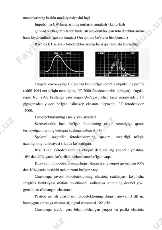 0.4 a / w = 1 mvt - bu kirish nurlanishining qidirilayotgan kuchi. shuni ta'kidlash kerakki, hisob-kitoblar faqat fotodetektorning ish maydoniga ta'sir ko'rsatgan signal uchun berilgan. mutlaq signal kuchini hisoblash amaliy qo'llanmalar uchun juda muhim emas, chunki haqiqiy qurilmalarda yo'qotishlar mavjud. fotodetektorlarning sxematik diagrammasi galliy-indiy arsenidi va kremniyga asoslangan fotodetektorlarning elektr davri diagrammasi, chastota diapazoni 2 gigagertsdan kam: 12 gigagertsdan yuqori chastotali fotodetektorning elektr sxemasi: fotodetektorlar - yarimo'tkazgichli qurilmalar, optik nurlanishni ro'yxatga olish va konvertatsiya qilish chiqishda elektr signaliga kirishda optik signal fotodetektor. asosiy fotodetektorlar: 1) fotorezistorlar 2) fotodiodlar 3) fototransistorlar 4) fpzs yarimo`tkazgichli fotodetektorlar va fotodiodlar. yarimo`tkazuvchi fotodetektorni sxemasi 1-rasmda keltirilgan. 1-rasm yarim o`tkazuvchi kristall rezistor r bilan va o`zgarmas kuchlanish v manbai bilan ketma-ket ulangan. qayd qilinishi kerak bo`lgan optik to`lqin, kristallga tushadi va yutiladi, bunda o`takzuvchanlik zonasiga elektronlarni qo`zg`atadi (yoki p-tipdagi yarim o`tkazuvchilarda – teshiklarni valentli zonaga). bunday qo`zg`atish yarim o`tkazuvchi kristallni qarshiligini rd kamaytirishiga olib keladi, …