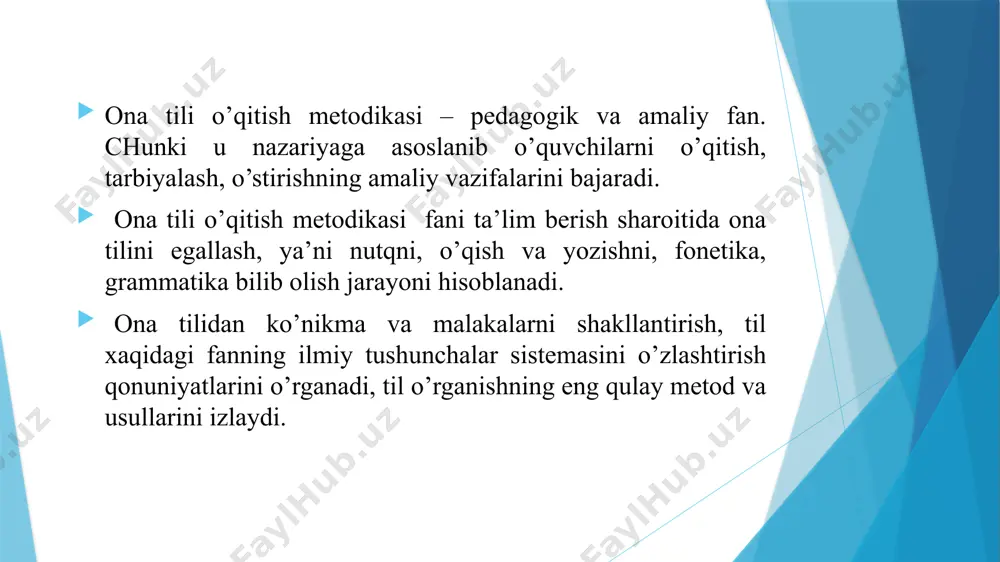 irgan qoidalarini amaliyotga tatbiq etadilar. metodika bilish nazariyasidan tashqari, yaqin fanlar xususan, psixologiya, pedagogika ma’lumotlariga tayanadi. pedagogik-psixologiya bilimlarning o’quvchilar tomonidan o’zlashtirilishini, ko’nikma va malakalarning shakllanish jarayonini tekshiradi. metodika psixolingvistika bilan ham bog’liq. metodikaga psixolingvistika nutq haqida, uni talab qiluvchi sabablar, nutq turlari, nutqni qabul qiluvchi signallar va boshqalar haqida ma’lumot beradi. shuningdek, metodika, didaktika, umumiy pedagogika bilan ham o’zaro bog’liq. ona tili o’qitish metodikasi ona tilining ma’lum qismini amaliy, ma’lum qismini nazariy egallashni nazarda tutadi. foydalanilgan adabiyot zokirxodjaеv sh.ya., solixov m.u. “shifokor va bеmor” toshkеnt - 2016 yil. siluyanovoy i. v. bioetika v rossii: sеnnosti i zakono`., m. 2001. r karimov sh.i. soglom ovkatlanish –salomatlik mеzoni 2015 yil faulеr m.. etika i sеstrinskoе dеlo. m., 1994. mеrta dj.. spravochnik vracha obhеy praktiki. m.,1998. magazanik n.a.. iskusstvo obhеniya s bolno`mi. m., 1991. qosimov e.yu.. muloqot san'ati. toshkеnt, 1996. /docprops/thumbnail.jpeg