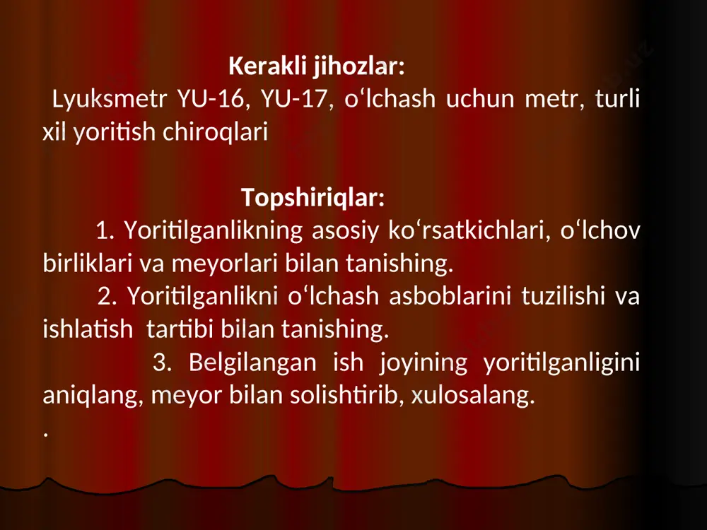 da qo’llanadi. bu uch qoplamadan har biri “k” qoplamasi bilan birga uchta yorug’lik yutuvchi hosil qiladi. bundan maqsad, asbobning o’lchash diapozonini mos ravishda 10, 100, 1000 marta oshirishdir. asbobni ishga tayyorlash maqsadida uni gorizontal holatga strelkani esa nol holatiga keltiring. bu ish fotoelement asbobdan uzib qo’yilgan holatda bajariladi. yorug‘likni kuchini o‘lchaydigan asbob lyuksimetr hisoblanadi. u sun’iy va tabiiy yorug‘likni o‘lchaydi va birligi lyuks deb ataladi. tabiiy yorug’likda, tsexlardagi yoritilganlik juda keng chegaralarda o’zgaradi. bu o’zgarishlar kunning vaqti, yilning fasli, joyning geografik kengligi, meteorologik omillari, yer yuzasining nur qaytarish xususiyati va boshqalar bilan belgilanadi. shuning uchun,tabiiy yorug’likni ish joylarida yoritilganliknininig absolyut kattaligi sifatida ifodalash mumkun.tabiiy yoritilganlikni me‘yorlovchi kattalik sifatida, nisbiy kattalik bo’lishi tabiiy yoritilganlik koeffitsienti qabul qilingan. bu ishlab chiqarish xonasi ichidagi yoritilganlikni /yei/, shu vaqtining o’zida tashqarida gorizantal yuzada o’lchangan yoritilganlikka /yet/ nisbati bilan foizlarda o’lchanadigan kattalikdir. tabiiy yoritilganlik tabiiy yoritilganlik koeffitsienti quyidagi omillar asosida aniqlanadi: ko’zda bajariladigan ishning tabiati …