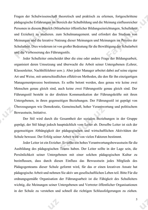 ben teil. bitte für die ordnungsgemäße organisation der führungsarbeit ist die fähigkeit des schulleiters wichtig, die meinungen seiner untergebenen und vertreter öffentlicher organisationen in der schule zu verstehen und schnell die richtigen schlussfolgerungen zu ziehen. bildungs- und wirtschaftsfragen der schule sollten im rat besprochen werden, jedes mitglied des pädagogischen teams der schule sollte die initiative bei der umsetzung der getroffenen entscheidungen ergreifen. es ist angemessen, die arbeit des schulleiters nicht anhand der für die entscheidungsfindung aufgewendeten zeit, sondern anhand des endergebnisses seiner tätigkeit zu bewerten. der schulleiter ist für die entwicklung einer freundschaftlichen zusammenarbeit und gegenseitigen unterstützung im pädagogischen team verantwortlich. ein gutes soziales und psychologisches umfeld und eine gute situation in der schulgemeinschaft hängen in hohem maße von der beziehung zwischen der führungskraft und den lehrern und erziehern ab. nur wenn eine starke disziplin vorhanden ist, ist es möglich, eine normale pädagogische arbeitssituation zu schaffen und die gegenseitigen beziehungen …