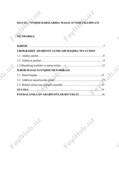 o'qish darslarida masal o'tish uslubiyati — DOC