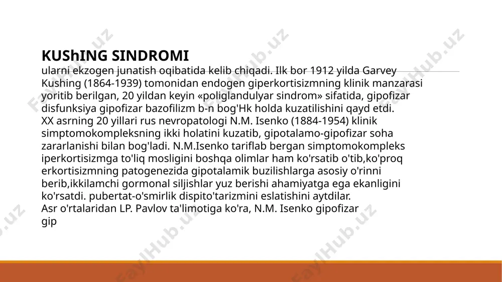 ng kasalligi (ikk) - neyroendokrin kasallik bo'lib,kortikotropinoma yoki gipofiz kortikotroflar giperplaziyasi shakllanishi patogenetik asos sifatida kelib, gipotalamo -gipofizar tizim sezgirligining busagasi oshishi bilan birga kechuvchi, ya'ni, glyo'qortikoidlarningingibirlovchi ta'siriga ko'ra, aktg ning sutkalik sekresiyasi dinamikasi buzilishi bilan boradi. ikkilamchi ikki tomonlama buyrak usti bezi po'stlog'i giperplaziyasi rivojlanib total giperkortisezm sindromi sifatida klinik namoyon bo'ladi. ii. isenko-kushing sindromi (iks) 1. o'sma: • buyrak usti bezi o'smasi (kortikosteroma, yomon sifatli kortikosteroma, adenoma, adenokarsenoma) • ektopik (aktg yoki krg produksiyalovchi o'sma) • gonad (lipid-xujayra o'smalari) 2. ikki tamonlama (kamdan-kam bir tamonlama) aktg ga bog'liq bo'lmagan buyrak usti bezi po'stloq nodulyar giperplaziya 3. davo maqsadida glyukokortikoidlar, ba'zan aktg preparatlarini qo'llash (yatrogen yoki ekzogen iks) klasifikasiyaning boshqa variant! giperkortisizm sindromi aktg giperproduksiyasi bilan chaqirilganmi yoki yo'qmi, baribir kushing sindromi sifatida qaraladi. etiologiya va patogenez. agar kushing sindromi etiopatogenezi gipofizdan tashqari o'smalarga asoslangan bo'lsa, kortikosteroma, aktg produksiyalovchi o'sma bo'lsin, umumiy tasavvurlar tushunarli, lekin kushing kasalligi uchun bu …