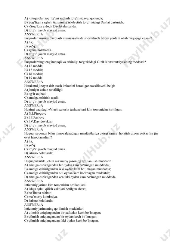 uddatda; b) o‘n to‘rt kundan kam bo‘lmagan muddatda; c) ikki oydan kam bo‘lmagan muddatda. d) to‘g‘ri javob mavjud emas. answer: a ishchi tomonidan mehnat burchini bir marta qo‘pol darajada buzishi mehnat shartnomasini bekor qilish uchun asos bo‘ladimi? a) ha; b) yo‘q. c) to‘g‘ri javob mavjud emas. d) istisno holatlarda; answer: a ishchining malakasini yetarli emasligi sababli bajarayotgan vazifasiga nomutansibligi holatlarida mehnat shartnomasi bekor qilinganligi to‘g‘risida ishchini ogohlantirish muddati qanday? a) ikki xaftadan kam bo‘lmagan muddatda; b) bir oydan kam bo‘lmagan muddatda; c) ikki oydan kam bo‘lmagan muddatda. d) to‘g‘ri javob mavjud emas. answer: a ishchining tashabbusi bilan mehnat shartnomasini bekor qilish muddati: a) ikki xaftadan kam bo‘lmagan muddatda; b) bir oydan kam bo‘lmagan muddatda; c) ikki oydan kam bo‘lmagan muddatda. d) to‘g‘ri javob mavjud emas. answer: a ishga qabul qilish vaqtida pasport, harbiy bilet va mehnat daftarchasidan boshqa yana qanday hujjatlar taqdim etilishi lozim: a) hech qanday; b) oxirgi ish …