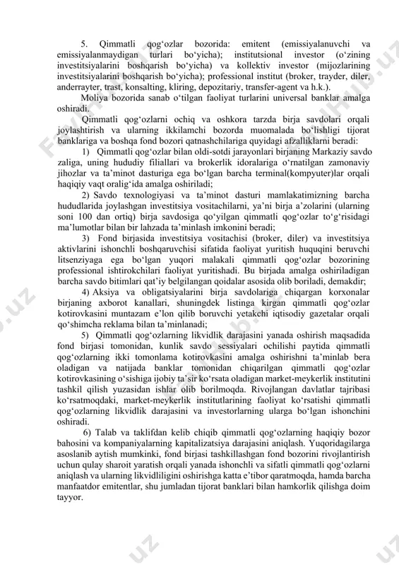 ngan tartibda); - qimmatli qog‘ozlar chiqaruvchi (belgilangan tartibda); - fond bozorida professional hizmat ko‘rsatuvchi institut. aytilganlarni xalqaro bank tizimi rivojlanishi tendensiyalari asosida ko‘rish mumkin[footnoteref:3]. [3: vahobov a.v., jumayev n.x, burxanov u.a. xalqaro moliya munosabatlari.-t.: sharq, 2003.-bb.347-370; maksimo v.eng, frensis a.lis, lourens dj.mauyer. mirovie finansi.-m.: ikk «deka», 1998.-736 s.] hozirda rivojlangan mamlakatlardagi banklar operatsiyalari va daromadining 80 foiziga yaqin miqdori qimmatli qog‘ozlar bozorida shakllanmoqda. daromadining qolgan qismi esa traditsion bank operatsiyalaridan hosil bo‘lmoqda. bu holatni investitsiya banklari faoliyati misolida ko‘rish mumkin. investitsiya banki – bu asosan qimmatli qog‘ozlar bilan bog‘liq operatsiyalarga ihtisoslashgan kredit-moliya instituti. uning maqsadi: moliya bozorlari orqali qo‘shimcha pul mablag‘larini jalb qilish, o‘z mijozlarini (jumladan davlatni) uzoq muddatli kreditlash. zamonaviy investitsiya banki hozirda nafaqat fond bozorlarida qimmatli qog‘ozlar bilan bog‘liq operatsiyalarni bajaradi, balki kompaniyalarni birlashtirilishi (yutib borilishi) va o‘zaro birlashishini tashkillashtirish, ipotekani va venchur kapitalini boshqarish bilan ham shug‘ullanadi. investitsiya banklari turli mamlakatlarda ma’lum xususiyatlarga ega. masalan, buyuk britaniyada …