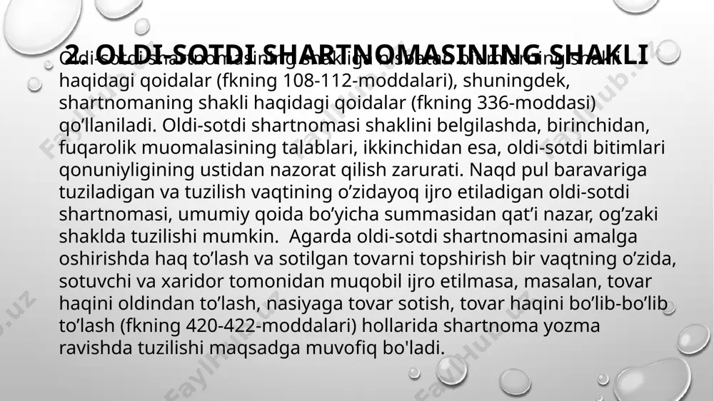 tib oluvchi ham o’z navbatida sotuvchi oldida quyidagi hollarda javobgar bo’ladi: a) sotilgan tovar uchun haqni to’lamasa yoki to’lashni kechiktirsa; b) sotilgan tovarni o’z vaqtida qabul qilib olmasa yoxud qabul qilib olishni kechiktirsa. taraflar yuqoridagi holatlardan biri sodir bo’lishiga yo’l qo’ygan hollarda ularga nisbatan fuqarolik-huquqiy javobgarlik choralari qo’llanadi. bunday choralar majburiyatni bajarish va zararlarni qoplash, shartnomadan bir tomonlama bosh tortish va zararlarni ko’rinishida bo’lishi mumkin. e'tiboringiz uchun rahmat :) image2.png image3.png image4.png image5.png image6.png image7.png image8.png image9.png media1.mp4 image10.png image1.png /docprops/thumbnail.jpeg