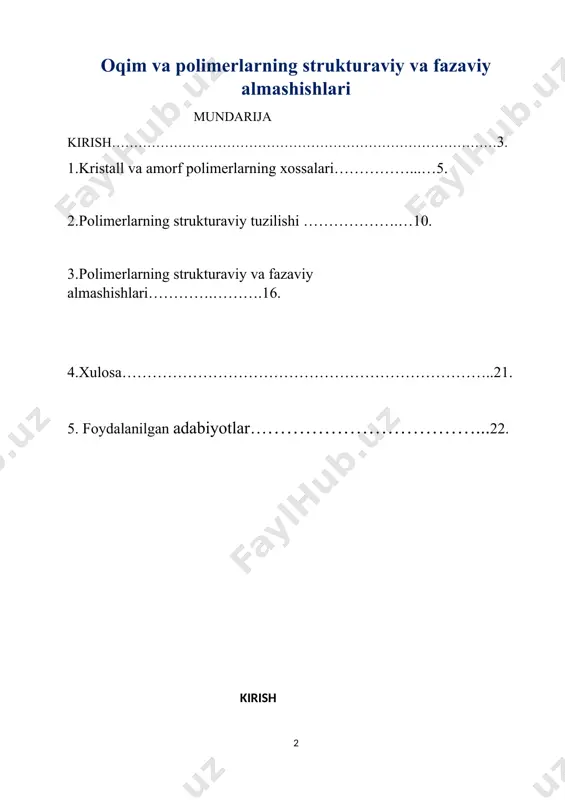 aqonli egallash , strukturaviy va fazaviy almashishlarini o’rganish asosiy maqsadlarimizdandir . ushbu kurs ishimizda polimerlarning strukturaviy va fazaviy almashishlari bilan tanishishda bir qator vazifalar ustuvor turadi : · kristall va amorf polimerlarning xossalarini o’rganish ; · polimerlarning strukturaviy tuzilishi haqida ma’lumot berish ; · polimerlarning strukturaviy va fazaviy almashishlari bilan tanishish . yuqori molekulyar birikmalar tuzilishi jihatidan turli – tumandir . ular kristall va amorf polimerlarga bo’linadi. ko’pgina hollarda jismlarni tez sovitsak, amorf ko’rinishga o’tadi . masalan, glitserin yoki suvni tez sovitganimizda hosil bo’lgan amorf massa tiniq va mo’rt bo’lib , shishani eslatadi. moddalarning bunday holati shishasimon holat deyiladi. fazaviy almashish deb- moddaning bir turdan ikkinchi turga o’tishiga aytiladi . polimerlarda molekulyar og’irlik nihoyatda katta bo’lgani uchun ularning qaynash haroratlari juda yuqori bo’ladi . shuning uchun hamma mavjud bo’lgan polimerlarning qaynash haroratlari ularning parchalanish haroratidan yuqori bo’ladi, shu sababdan polimerlarni gazsimon holatga o’tkazib bo’lmaydi. biz ushbu kurs ishimizda polimerlarning fizik …