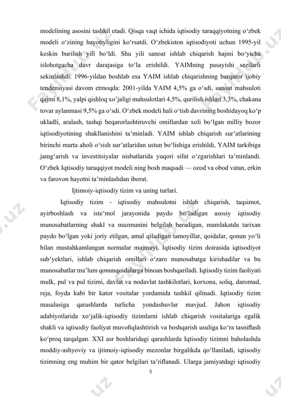 sodiyotni mafkuradan xoli qilish, davlat bosh isloxotchi, bozor munosabatlariga bosqichma-bosqich oʻtish, qonun ustuvorligini taʼminlash, kuchli ijtimoiy siyosat yuritish — oʻzbek modelining asosini tashkil etadi. qisqa vaqt ichida iqtisodiy taraqqiyotning oʻzbek modeli oʻzining hayotiyligini koʻrsatdi. oʻzbekiston iqtisodiyoti uchun 1995-yil keskin burilish yili boʻldi. shu yili sanoat ishlab chiqarish hajmi boʻyicha islohotgacha davr darajasiga toʻla erishildi. yaimning pasayishi sezilarli sekinlashdi. 1996-yildan boshlab esa yaim ishlab chiqarishning barqaror ijobiy tendensiyasi davom etmoqda: 2001-yilda yaim 4,5% ga oʻsdi, sanoat mahsuloti qajmi 8,1%, yalpi qishloq xo’jaligi mahsulotlari 4,5%, qurilish ishlari 3,3%, chakana tovar aylanmasi 9,5% ga oʻsdi. oʻzbek modeli hali oʻtish davrining boshidayoq koʻp ukladli, aralash, tashqi beqarorlashtiruvchi omillardan xoli boʻlgan milliy bozor iqtisodiyotining shakllanishini taʼminladi. yaim ishlab chiqarish surʼatlarining birinchi marta aholi oʻsish surʼatlaridan ustun boʻlishiga erishildi, yaim tarkibiga jamgʻarish va investitsiyalar nisbatlarida yuqori sifat oʻzgarishlari taʼminlandi. oʻzbek iqtisodiy taraqqiyot modeli ning bosh maqsadi — ozod va obod vatan, erkin va farovon hayotni taʼminlashdan …