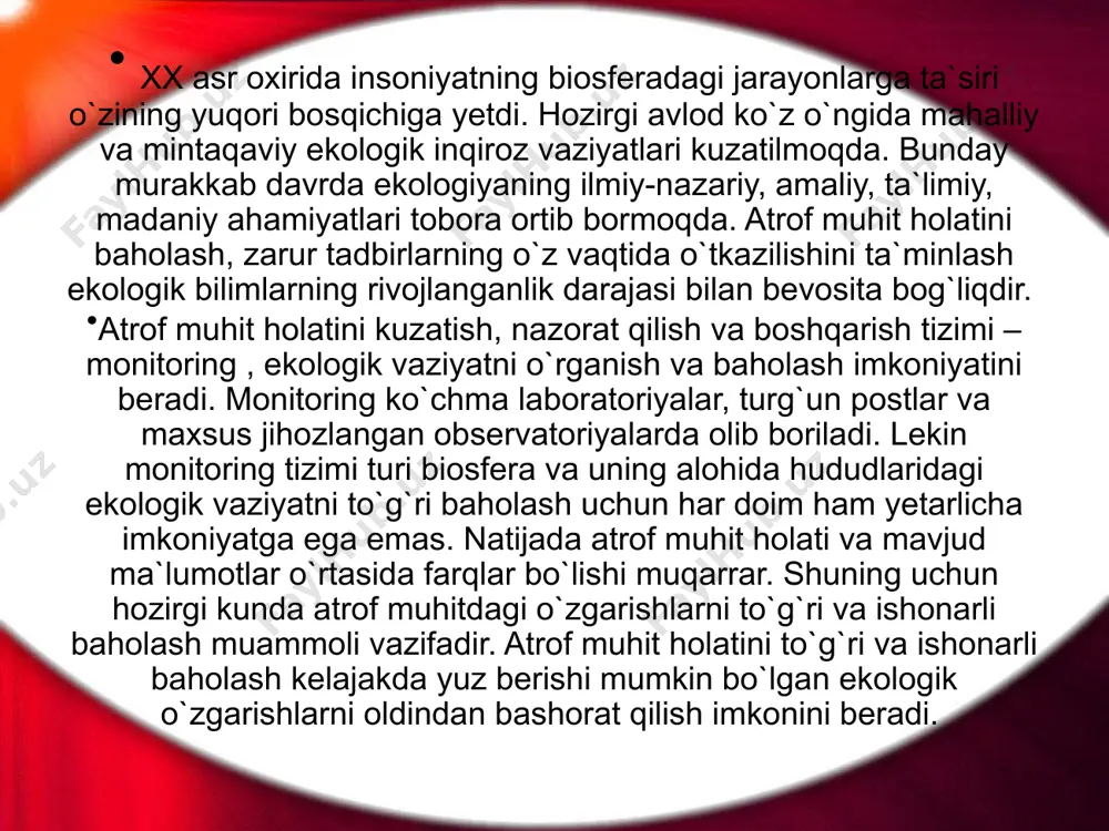 ishlab chiqish; tabiatni muhofaza qilish borasida mamlakatlar o`rtasida hamkorlik o`rnatish, bunda har bir mintaqa yo mamlakatni tabiiy resurslari bilan aholisi soni o`rtasidagi bog`liqlikni hisobga olish; xalqaro hamjamiyat mamlakatlarning ekologik muammolarni yechishni samarali usullarini va imkoniyatlarini topish; tabiatni muhofaza qilish borasida mamlakatlarga yordam ko`rsatish; biz shunday davrda yashayapmizki bmt, siyosatshunoslar, soha mutahasislari u yoki bu muammolarning yechimi hamkorliklarni markazlashtirish orqali ish tutishni taqozo etmoqda. bu borada bmt, uning bosh sekretari va bo`lim xodimlari oldida ulkan vazifalar turibdi. hozirgi zamonda davlatlarni hamkorlikka chaqirish muhim masaladir. ikkinchi jaxon urushidan keyin ko`p mamlakatlarni iqtisodiy hamkorligi, ularni rivojlanishiga olib keldi, endilikda esa ekologik hamkorlikni amalga oshirish dolzarb muammoga aylandi. 60-yillarda tabiiy boyliklari ko`p bo`lgan mamlakatlarning koloniyadan ozod bo`lishi, ularni taraqqiy etishiga umid bog`lanadi, ammo bu mamlakatlarni milliy izolyatsiyalanishi ularni regressga olib keldi. 70-yillardan keyin bmtning xalqaro hamkorlikni kuchaytirish uchun qator konferensiyalari bo`ldi. oxirgi yillarda fan murakkab va juda muhim ekologik muammolar haqida ma`lumotlar berdi: iqlimning …