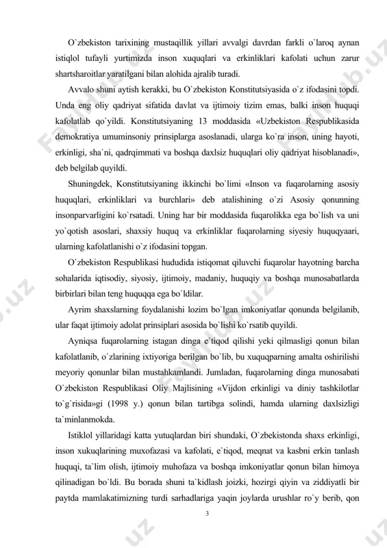 dan, fuqarolarning dinga munosabati o`zbekiston respublikasi oliy majlisining «vijdon erkinligi va diniy tashkilotlar to`g`risida»gi (1998 y.) qonun bilan tartibga solindi, hamda ularning daxlsizligi ta`minlanmokda. istiklol yillaridagi katta yutuqlardan biri shundaki, o`zbekistonda shaxs erkinligi, inson xukuqlarining muxofazasi va kafolati, e`tiqod, meqnat va kasbni erkin tanlash huquqi, ta`lim olish, ijtimoiy muhofaza va boshqa imkoniyatlar qonun bilan himoya qilinadigan bo`ldi. bu borada shuni ta`kidlash joizki, hozirgi qiyin va ziddiyatli bir paytda mamlakatimizning turdi sarhadlariga yaqin joylarda urushlar ro`y berib, qon to`kilib, begunoh odamlar qurbon bo`lib,isarsonsargardon kishilar ko`payib borayotgan bir sharoitda o`zbekistonda inson uchun eng oliy ne`mat yashash huquqi va osoyishta hayot kechirish huquqi tula ta`min etildi. bir so`z bilan aytganda xuddi ana shu murakkab yillarda o`zbekistonda umuminsoniy qadriyatlarning ustivorligi yanada mustahkamlanib, yangi demokratik jarayonlar odamlar ongi va qalbi orqali o`tkazilib, hayotga tobora chuqurroq kirib bora boshladi. o`zbekistonda mustaqil davlatchilikning jahon andozalariga mos keladigan, eng ilg`or tajribalar asosida vujudga kelgan zamonaviy usullar joriy qilina …