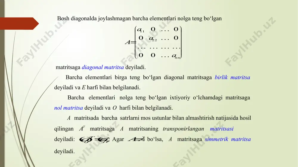 bo‘lsa, u holda: 1) );)(())(( abba   2) );()()( abbaba   3) ae=ea=a 4) ;ooaao  5) .)( ttt abab  .5 o a, e, o n-tartibli kvadrat matritsalar va qp, manfiy bo‘lmagan butun sonlar bo‘lsa, u holda: 1) ; qpqp aaa   2) ;)()( pqqp aa 3) ; 1 aa 4) a 0 =e /docprops/thumbnail.jpeg