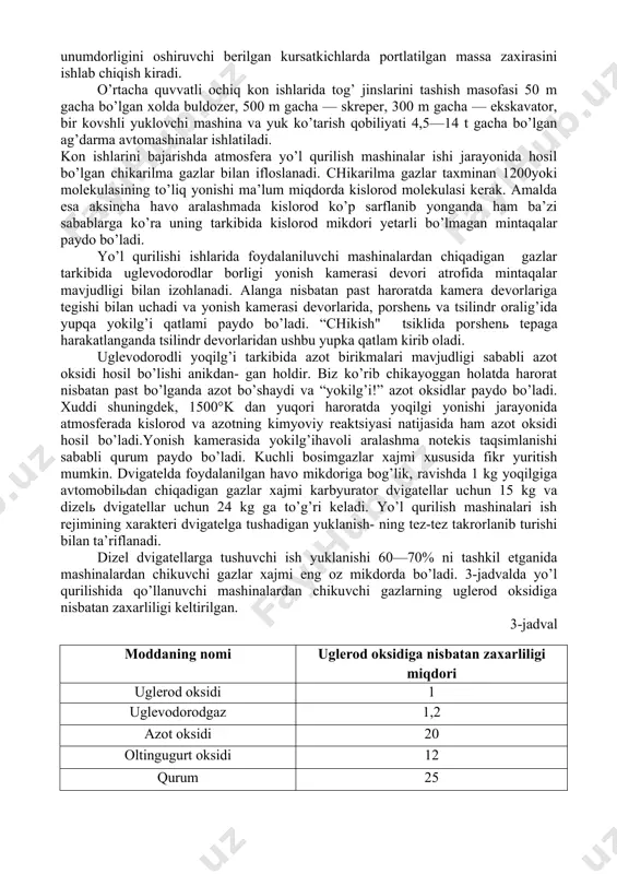 dirish uchun qurilish tashkilotlari vaktincha turli xildagi 1— 3 yil muddatli korxona, ya’ni ochiq sayoz kon (karyer) tashkil qiladi. kon ishlarini olib borishda qazish texnologik jarayoni tayyorlov, ustini ochish, qazib olish, tashish, yuk ortish va tushirish kabi ishlarni o’z ichiga oladi. tayyorlov ishlari kon maydonini daraxtzor, to’nka, buta, yumalok, katta toshlardan tozalash, zovursimon chuqurliklarni qazish, o’yiq joylarga kertik solish kabi yumushlardan iborat. konga suv oqib tushishi oldini olish maqsadida kon atrofi suv qochiradigan ariqchalar bilan o’rab olinadi. konning ustini ochish ishlari yuzadan keraksiz jinslarni olib tashlash, o’yiq joylarga kertik solish, zaruriy kenglikda berma tuzish, tashib chiqaruvchi zovursimon chukurliklarni kovlash va foydali qazilmalar kayta ishlanuvchi joyga yoki ajratilgan keraksiz jinslarni uyulgan tuproqqa tashish uchun berma tashkil kilish kabi jarayonlardan iborat. burg’ilash-portlatish, yuk ortish, tog’ jinslari va mazkur jarayon uchun keraksiz jinslarni tashish ishlari konda asosiy hisoblanuvchi ishlab chikarish jarayonlari deb sanaladi. kon ishlarini olib borishda ko’p sonli turli xil mashinalardan, ortish-tushirish, …