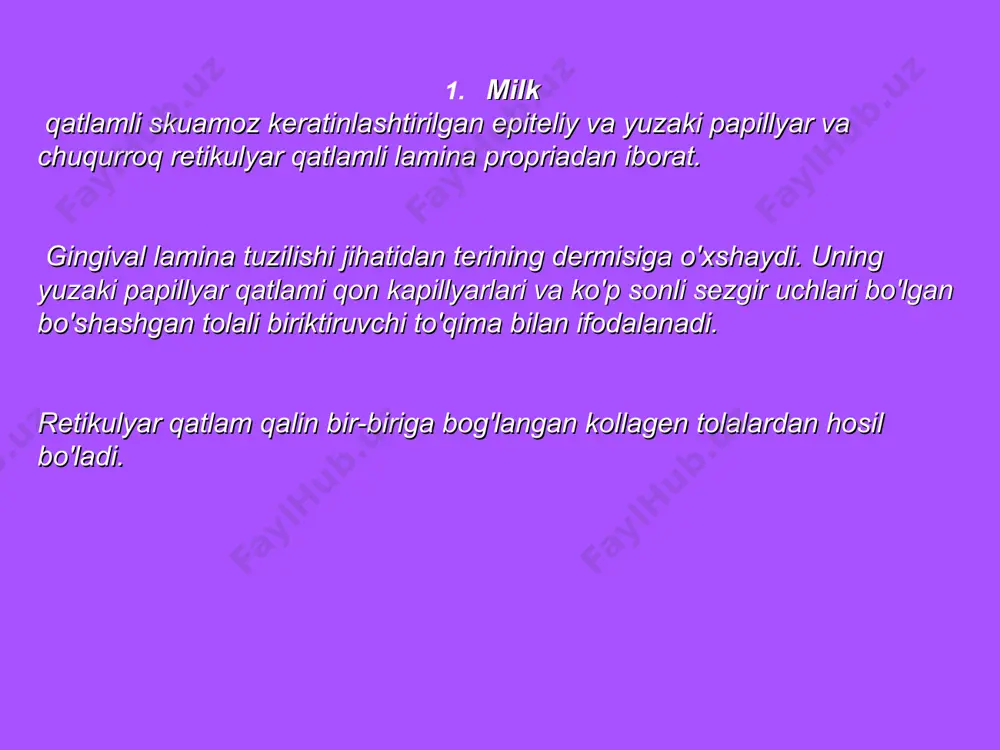 irilgan. iv. parodontal to'qimalarning progressiv lizisi bilan kechadigan idiopatik kasalliklar (papillon-lefevre sindromi, gistotsitoz x, neytropeniya va boshqalar). v. parodontoma - parodontdagi o'smalar va o'simtaga o'xshash jarayonlar (epulis, gingival fibromatoz va boshqalar). * xkt-10 bo'yicha periodontal kasalliklar tasnifi : k05 gingivit va parodont kasalliklari; k05.0 o’tkir gingivit k05.1 surunkali gingivit: - k05.10 oddiy marginal; - k05.11 giperplastik; - k05.12 yarali. k05.2 o’tkir parodontit, parodontal abtsess; k05.3 surunkali parodontit: - k05.30 o’chog’li; - k05.31 tarqalgan. k05.4 parodontoz; k05.5 parodontning bo’shqa kasalliklari; k05.6 aniqlanmagan parodont kasalliklari. * gingivit gingivit asosan bolalar va yoshlarda aniqlanadi; mineralizatsiyalanmagan tish cho'kindilari va supragingival tish toshlarining mavjudligi; gigiena indeksi va gingivit o'rtasidagi bevosita bog'liqlik; gingivitning fokal demineralizatsiya bilan kombinatsiyasi; milkni tekshirishda qon ketishi, milk cho'ntagining yo'qligi; – tishlararo septalarning buzilmasligi; - bemorning umumiy ahvoli buzilmaydi. gingivitning og'irligi milkning patologik jarayonda ishtirok etish darajasi bilan belgilanadi. engil darajada gingival papillaning shikastlanishi, o'rtacha darajada - marginal milkning shikastlanishi kuzatiladi. og'ir …
